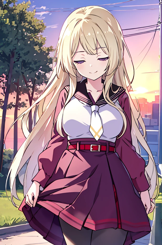 highres,masterpiece, best quality, 1girl, solo,purple eyes,( half-closed eyes:1.2),  smirk,outdoors,(skirt lift by myself:1.2), standing, cowboy shot,looking at viewer, large breasts,sunset,
miyagawa_ takane, kanbauniform,high-waist skirt, belt, pantyhose, necktie,
