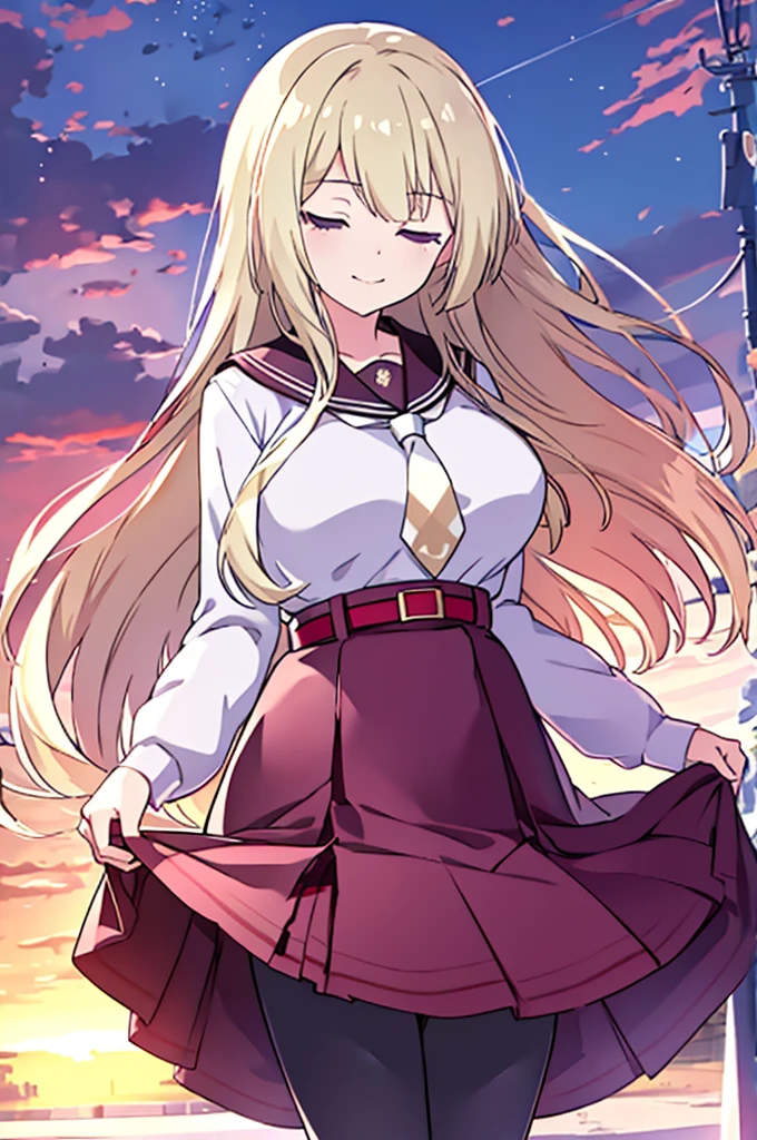 highres,masterpiece, best quality, 1girl, solo,purple eyes,( half-closed eyes:1.2),  smirk,outdoors,(skirt lift by myself:1.2), standing, cowboy shot,looking at viewer, large breasts,sunset,
miyagawa_ takane, kanbauniform,high-waist skirt, belt, pantyhose, necktie,
