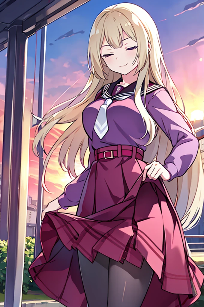 highres,masterpiece, best quality, 1girl, solo,purple eyes,( half-closed eyes:1.2),  smirk,outdoors,(skirt lift by myself:1.2), standing, cowboy shot,looking at viewer, large breasts,sunset,
miyagawa_ takane, kanbauniform,high-waist skirt, belt, pantyhose, necktie,
