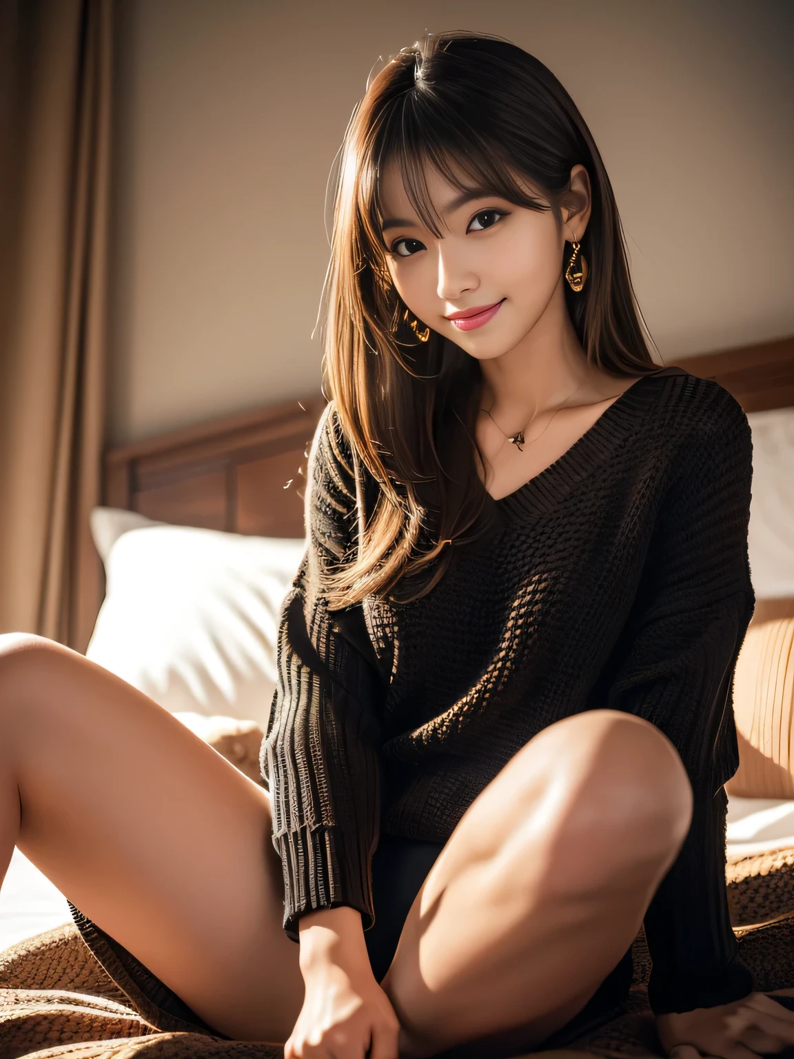 (8K, HDR, High resolution), ((((Full body photo,Raw photo, Hyperrealism, masterpiece, highest quality, ultra High resolution)))), (Pin Light, Backlight,Cinematic Light), ((Knitted dress,mini skirt,Panty shot,Camel Toe,Shooting from a lower angle)),Sharp focus:1.4, (Hyper Detail, finely), 1 Korean Idol, A provocative smile,Archaic Smile,Small, plump lips, Straight and cute nose, A little redness on the cheekbones,Long and beautiful eyelashes, Narrow waist,Perfect Style,Very heavy chest,Shapely breasts,Beautiful breasts,Huge breasts