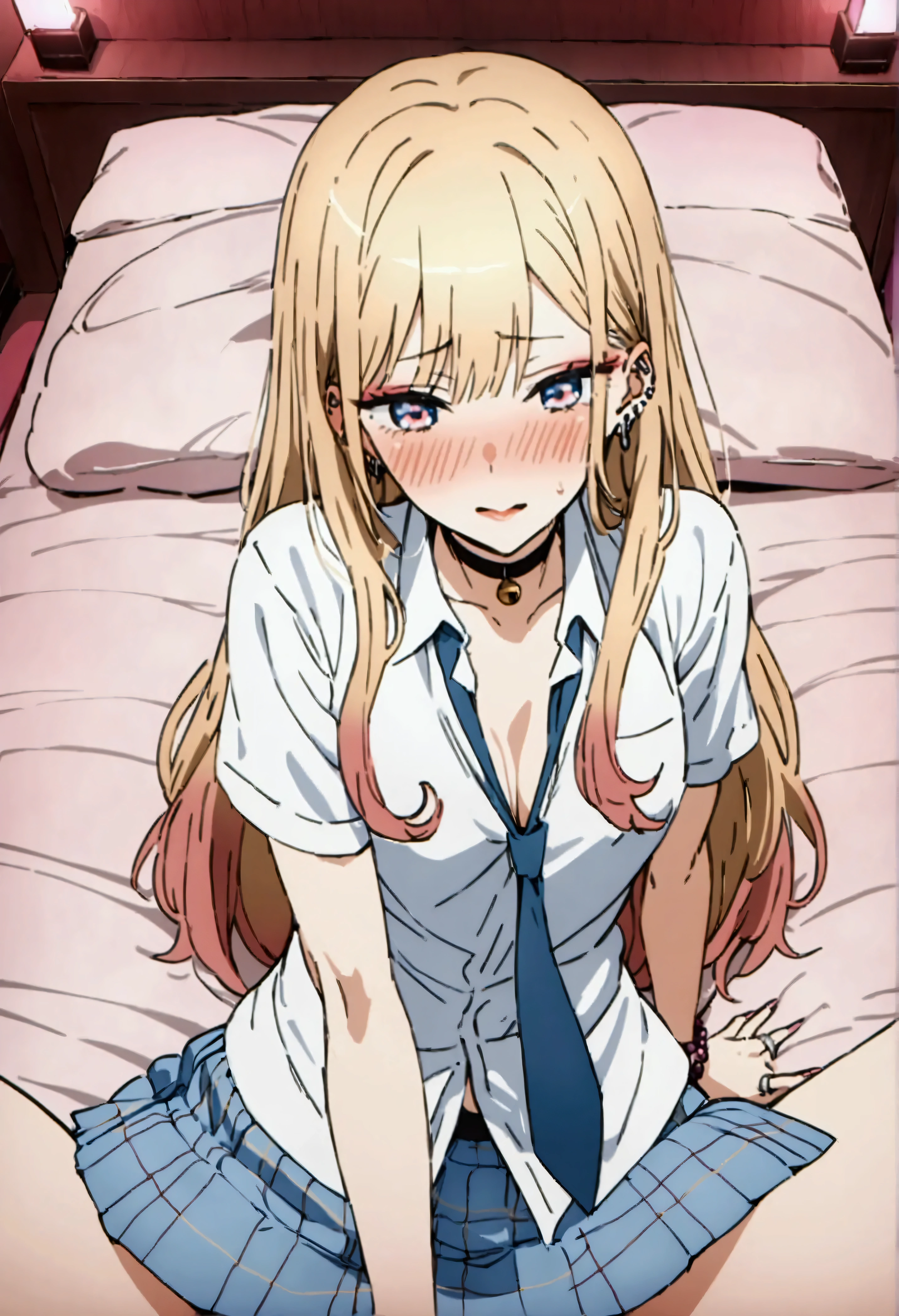 NSFW,masterpiece,Best Quality,High resolution,Very detailed,Marin Kitagawa\(The Doll Falls in Love\),Multicolored Hair、Blonde Hair、Long Hair、Magenta Eyes、Ear Piercing、Earrings、Pink Nails、makeup,Beaded Bracelets、Black choker、Neck bell、ring、Collared shirt、White Shirt、Short sleeve、Blue tie、Checked skirt、Blue Skirt、Thai Shirt,Nightlife,Love Hotel,Bedroom,Pink lighting,Lustful face,Embarrassed,blush,Spread your legs,(Paid dating),(Sugar Daddy),Open clothes,(Have sex),Lying on your back,From above,Insert