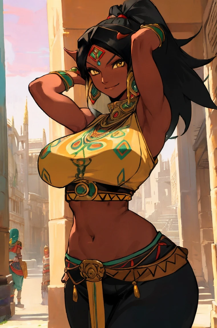 1girl athletic gerudo, elf ears, yellow eyes, black hair, (dark skin:0.7), (detailed face:1.1), portrait travelling merchant very wide hips, smile, huge breasts, aztec style outfit, long pants outdoors, masterwork, best quality, highly detailed