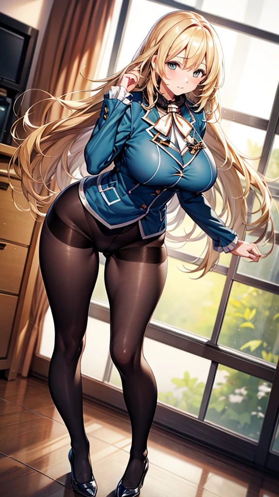 Best Quality,High resolution,High image quality,atagoKC, (atago) uniform,golden hair,black pantyhose,8 heads,standing,office,Model,full body,legs crossing,fuge breast,Plump thighs,(Low angle),show viewer,Condescending expression,Model pose