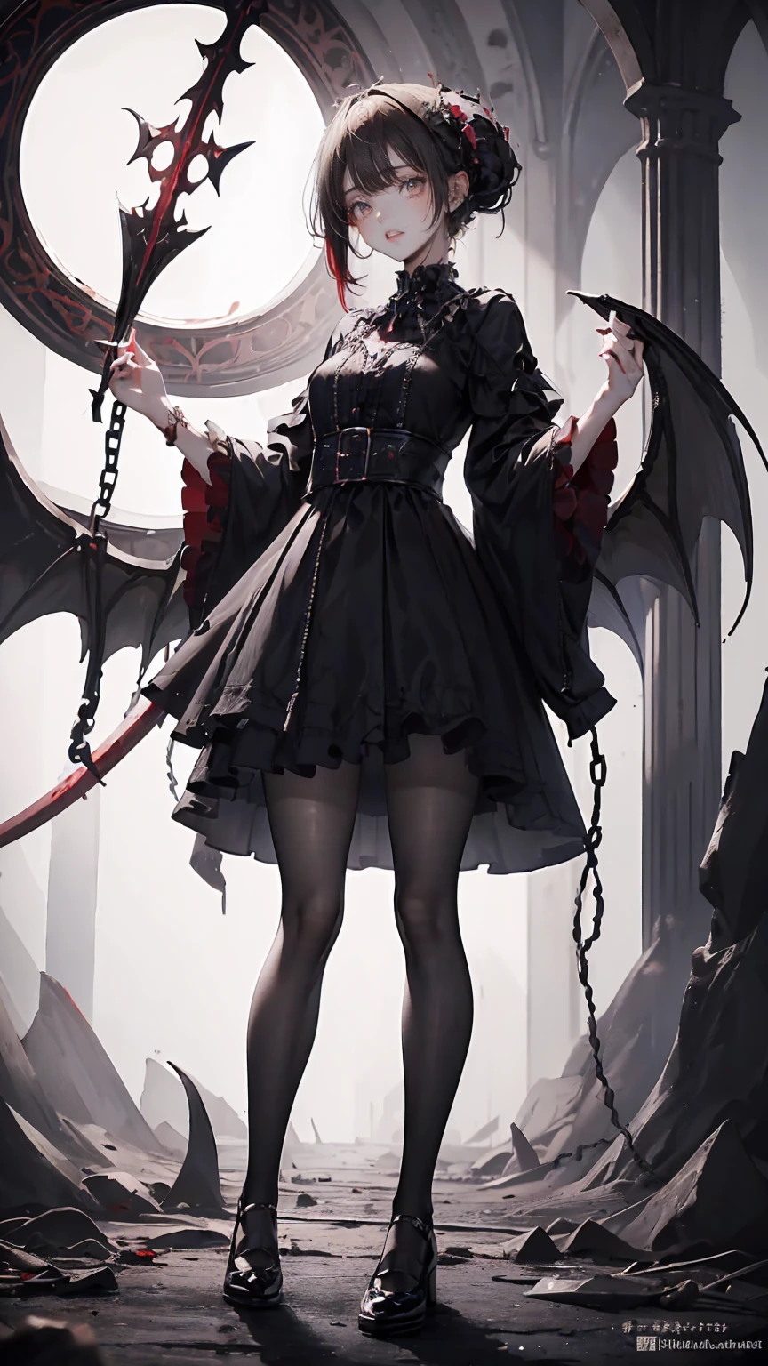  ((best quality)), ((masterpiece)), (detailed), very skinny, prominent collarbones, skinny arms, flat stomach, visible hip bones, red and white clothing, Bloodborne inspired, occult aesthetic, occult, detailed and intricate steampunk and detailed gothic, NSFW, Very dramatic and cinematic lighting, cosmic horror, grim-dark, side-lighting, perfect face, NSFW, Fluttering lace flared long knee length dress with frilly petticoats, knee length dress, pleated petticoats, lolita dress, petticoats gothic lolita, complex lace boots, side-lighting, gothic lolita aesthetic, wielding a mighty sword with mechanical components, carbine, NSFW, beautiful small breasts, small breasts, full body, whole body, body, NSFW, full body, whole body, head-to-toe NSFW 