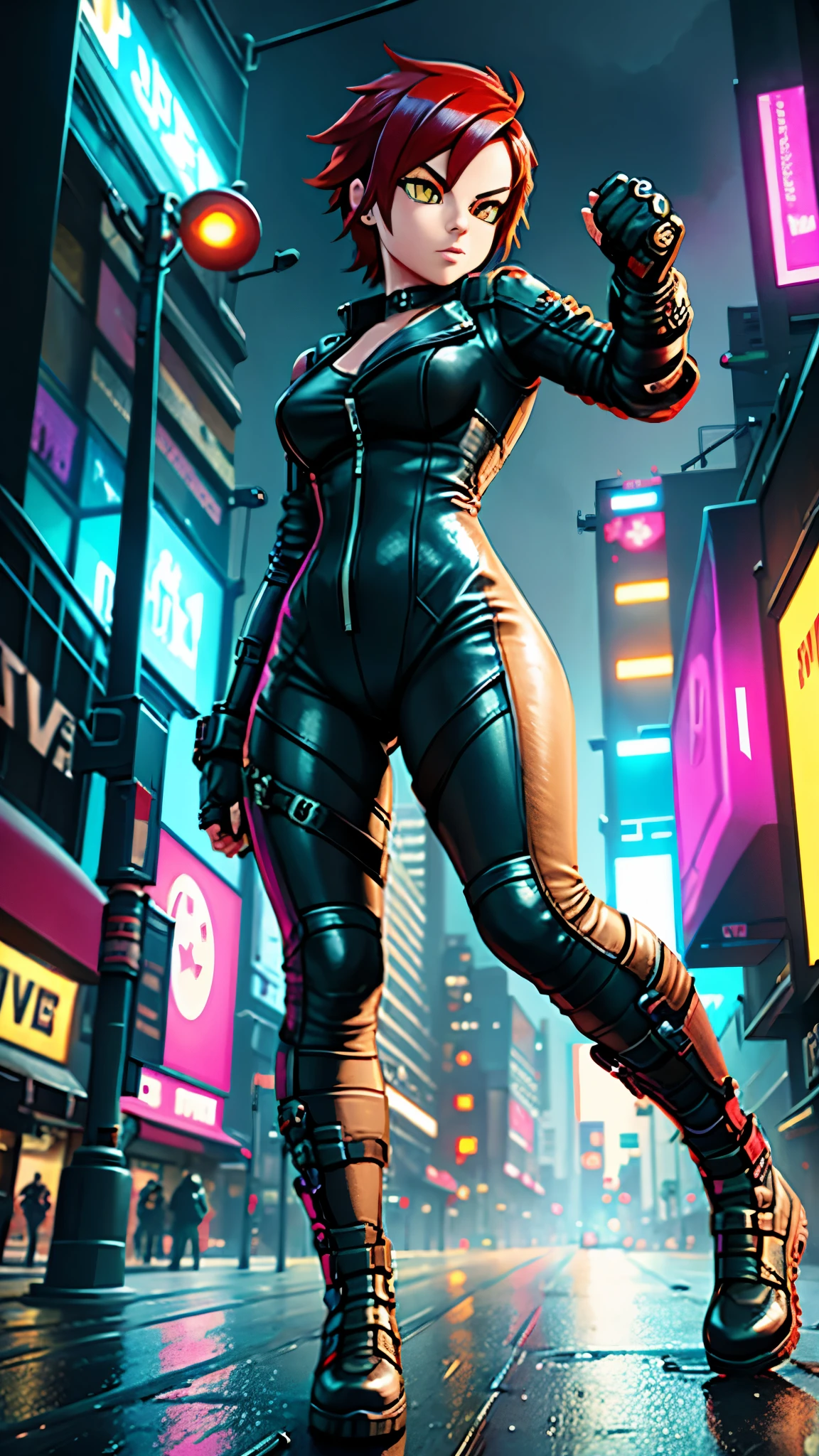 A sleekly designed (((supervillain lady))) with electrifying powers and a costume inspired by lightning, featuring brunette cropped hair and a sultry smile with striking blue glossy lips, piercing blue eyes, exuding an air of feminine menace and playful malice, (((destructively dominating a city))), with defeated heroes scattered about, suggesting a palpable sense of villainous triumph, her form poised elegantly against the backdrop of a futuristic metropolis, conveyed in crisp, clean lines.