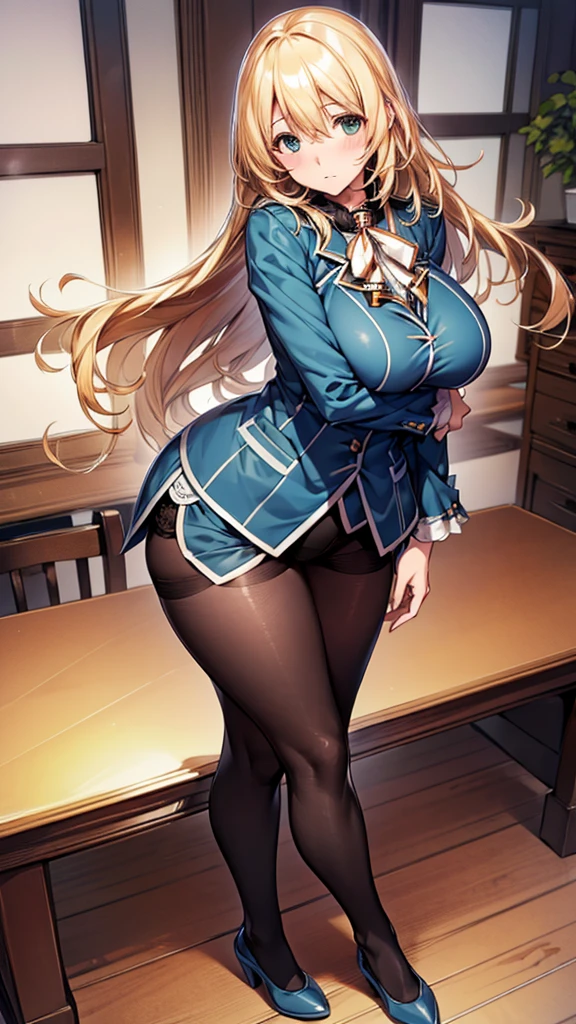 Best Quality,High resolution,High image quality,(AtagoKC), (Atago uniform),golden hair,black pantyhose,8 heads,,standing,office,Model,full body,legs crossing,fuge breast,Plump thighs,(Low angle),show viewer,Condescending expression,Model pose