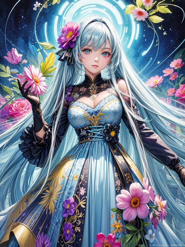 (official art, beautiful and aesthetic:1.2), (1girl:1.3),(fractal art:1.1),(colorful:1.1)(flowers:1.3),highest detailed,(zentangle:1.2),(abstract background:1.3), (shiny skin), (many colors:1.4), (earrings), silver hair, pink eyes, cat ears, long hair, happy face