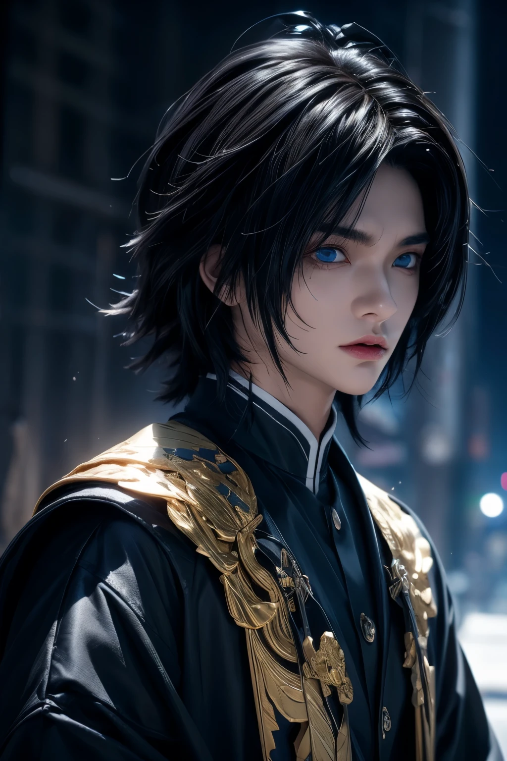 realistic portrait of Tomioka Giyu, 3d, the Water Hashira, Demon Slayer,  piercing blue eyes, long dark hair, and an intense, wearing his distinctive Demon Slayer uniform, detailed facial features, dramatic lighting, photorealistic, masterpiece, 8k, hyper detailed, cinematic composition, dramatic shadows, dynamic pose