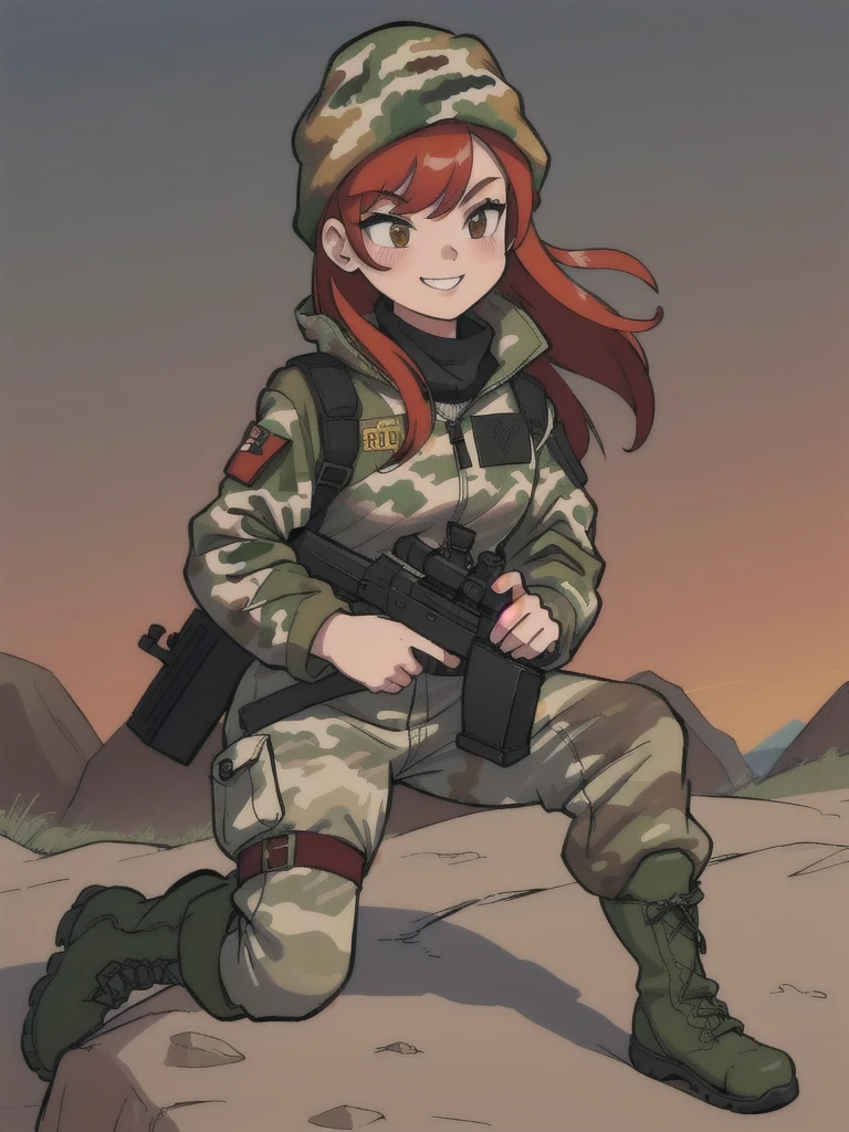 girl with smile and red hair, with a camouflage jacket, camouflage balaclava, camouflage pants and army boots.