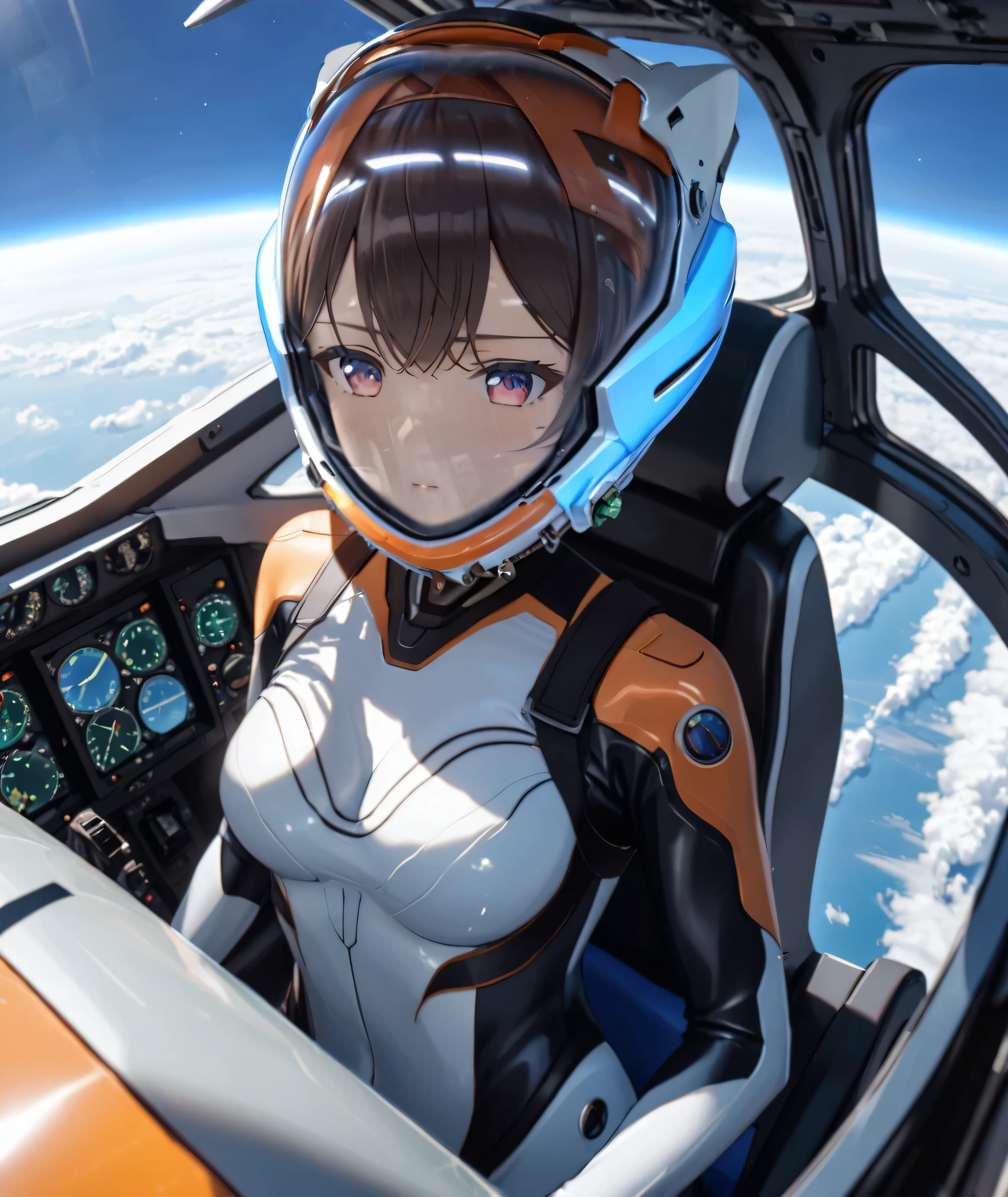 ((Holographic glow effect)),((Female pilot in the cockpit of a reconnaissance plane), (airplane cockpit), (in flight), (10000 feet altitude)、(sky view):1.7), A Japanese woman,Small face,short hair, BLACK hair,girl, nside the (cockpit:1.9) of a (futuristic spaceship:1.6), covered navel, blue space helmet, blue space helm, blue plug suit , bule space helmet, blue eva helm, bule space suit, short hair, FROM SIDE,Serious expression,Elbow-length gloves,