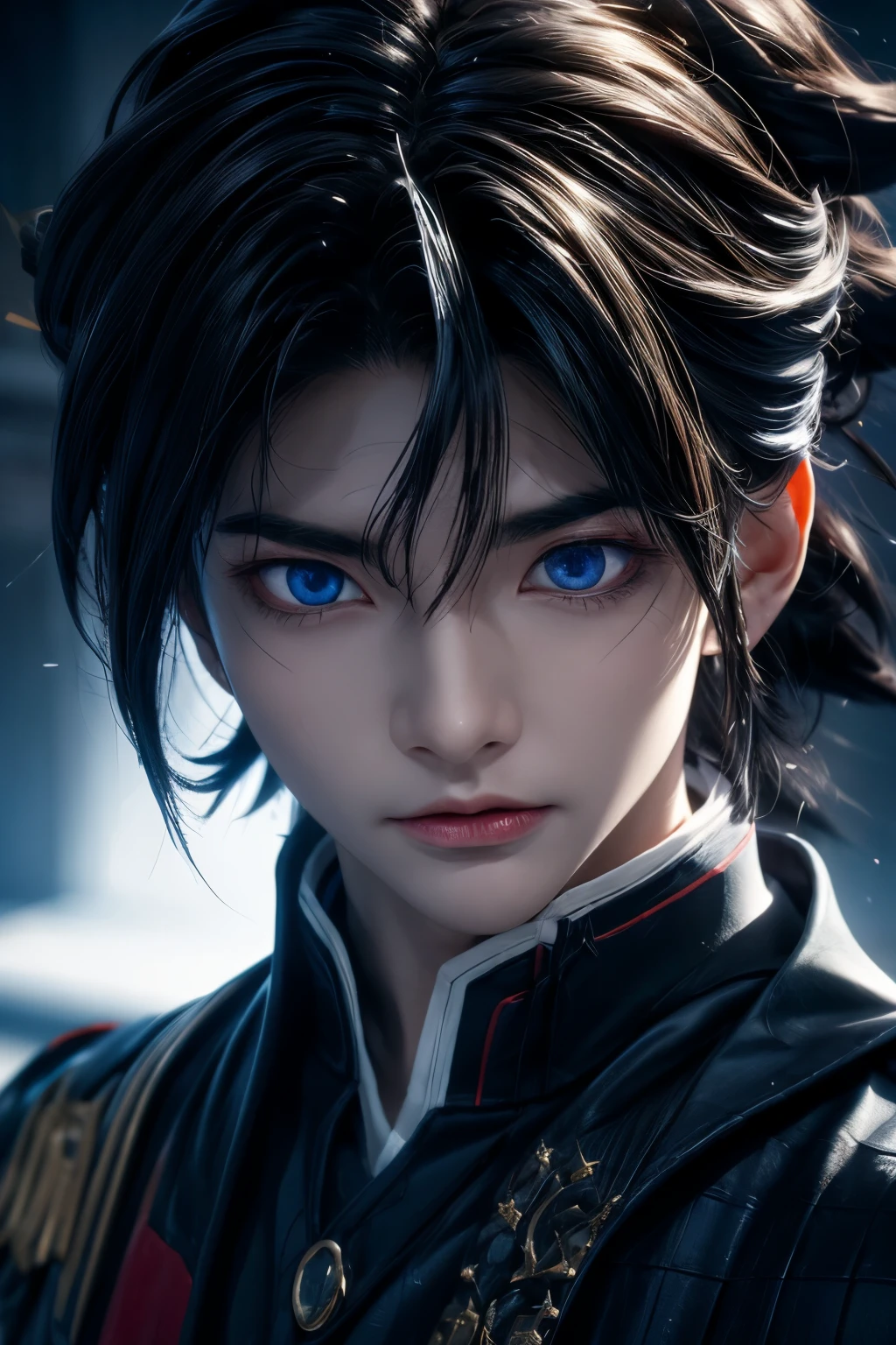 realistic portrait of Tomioka Giyu, 3d, the Water Hashira, Demon Slayer,  piercing blue eyes, long dark hair, and an intense, wearing his distinctive Demon Slayer uniform, detailed facial features, dramatic lighting, photorealistic, masterpiece, 8k, hyper detailed, cinematic composition, dramatic shadows, dynamic pose