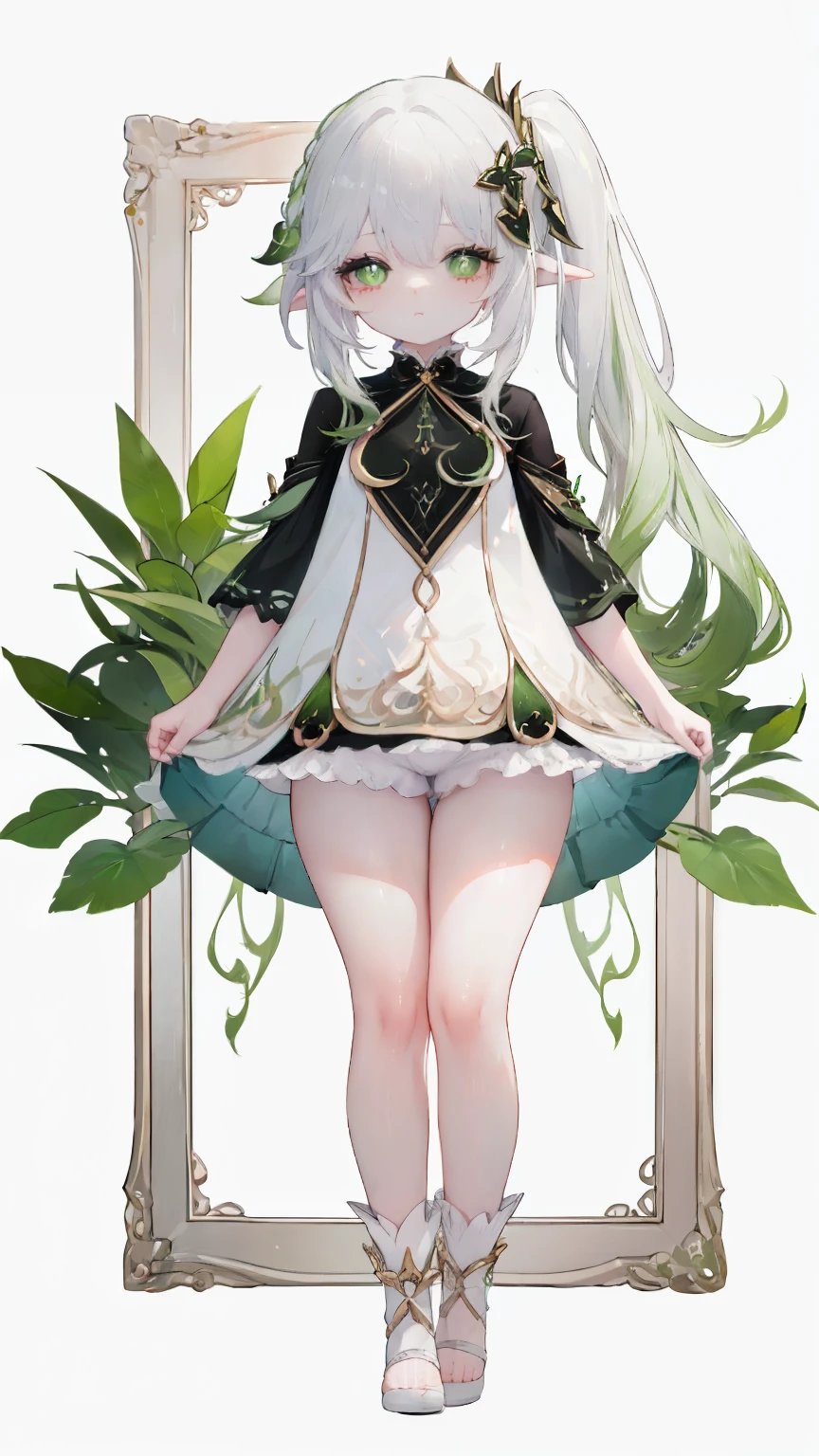 Thick thighs,Nahida,, child, ,child, flat chest, fullbody, head to toe capture on the frame,thick thighs, thick thigh, lolitoes, thick thighs, bloomers,standing straight,white background, cute girl, cute ,lolita, one piece uniform 