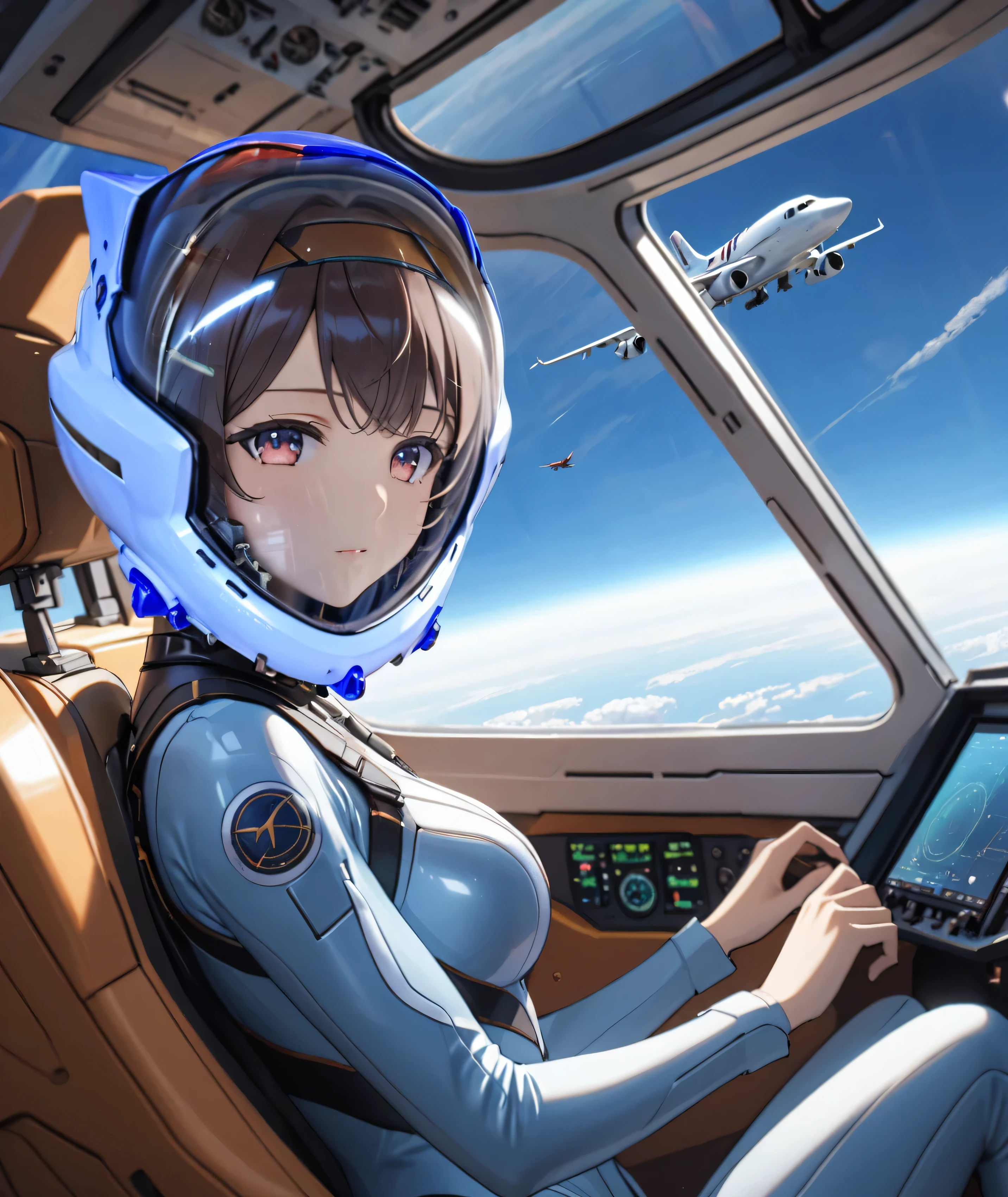 ((Holographic glow effect)),((Female pilot in the cockpit of a reconnaissance plane), (airplane cockpit), (in flight), (10000 feet altitude)、(sky view):1.7), A Japanese woman,Small face,short hair, BLACK hair, eyeliner, girl, nside the (cockpit:1.9) of a (futuristic spaceship:1.6), sitting on a chair, covered navel, blue space helmet,  blue space helm, blue plug suit , bule space helmet, blue eva helm, bule space suit, short hair, FROM SIDE,Serious expression