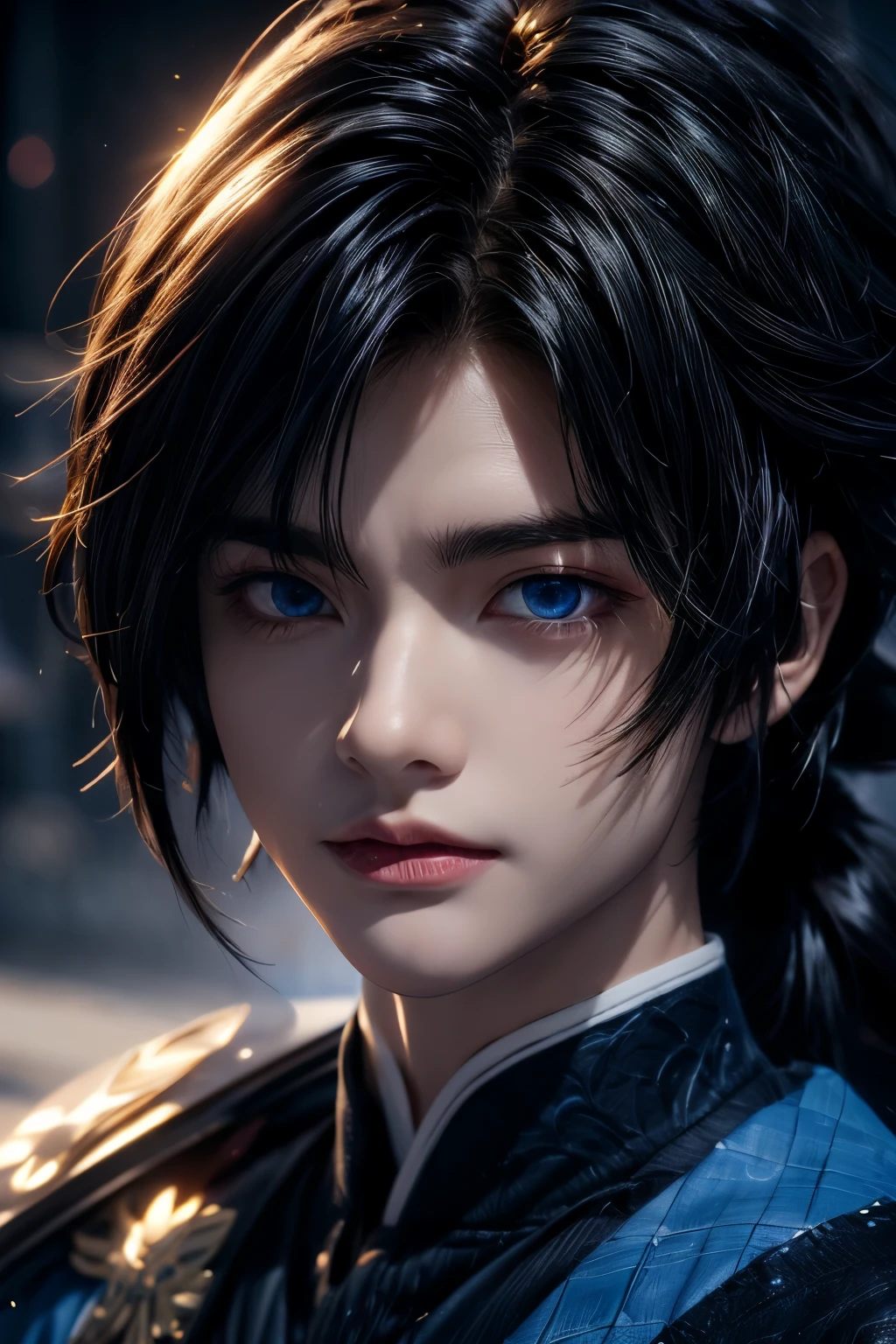 realistic portrait of Tomioka Giyu, 3d, the Water Hashira, Demon Slayer,  piercing blue eyes, long dark hair, and an intense, wearing his distinctive Demon Slayer uniform, detailed facial features, dramatic lighting, photorealistic, masterpiece, 8k, hyper detailed, cinematic composition, dramatic shadows, dynamic pose, kira kira eyes