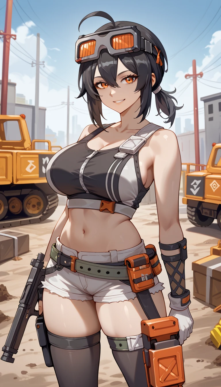 ((topless)), nsfw, masterpiece, 1 girl, erect nipples, intricately detailed, navel, bare shoulders, black hair, hard hat, construction site, towel on neck, wiping sweat, baggy pants, cargo pants, extremely detailed, bare breasts, puffy nipples, blueeyes, bare stomach, sweaty, medium breasts, arm strap, cowboy shot, holding sledgehammer, mature, chain, soft eyes, smiling, day, belt, rubble