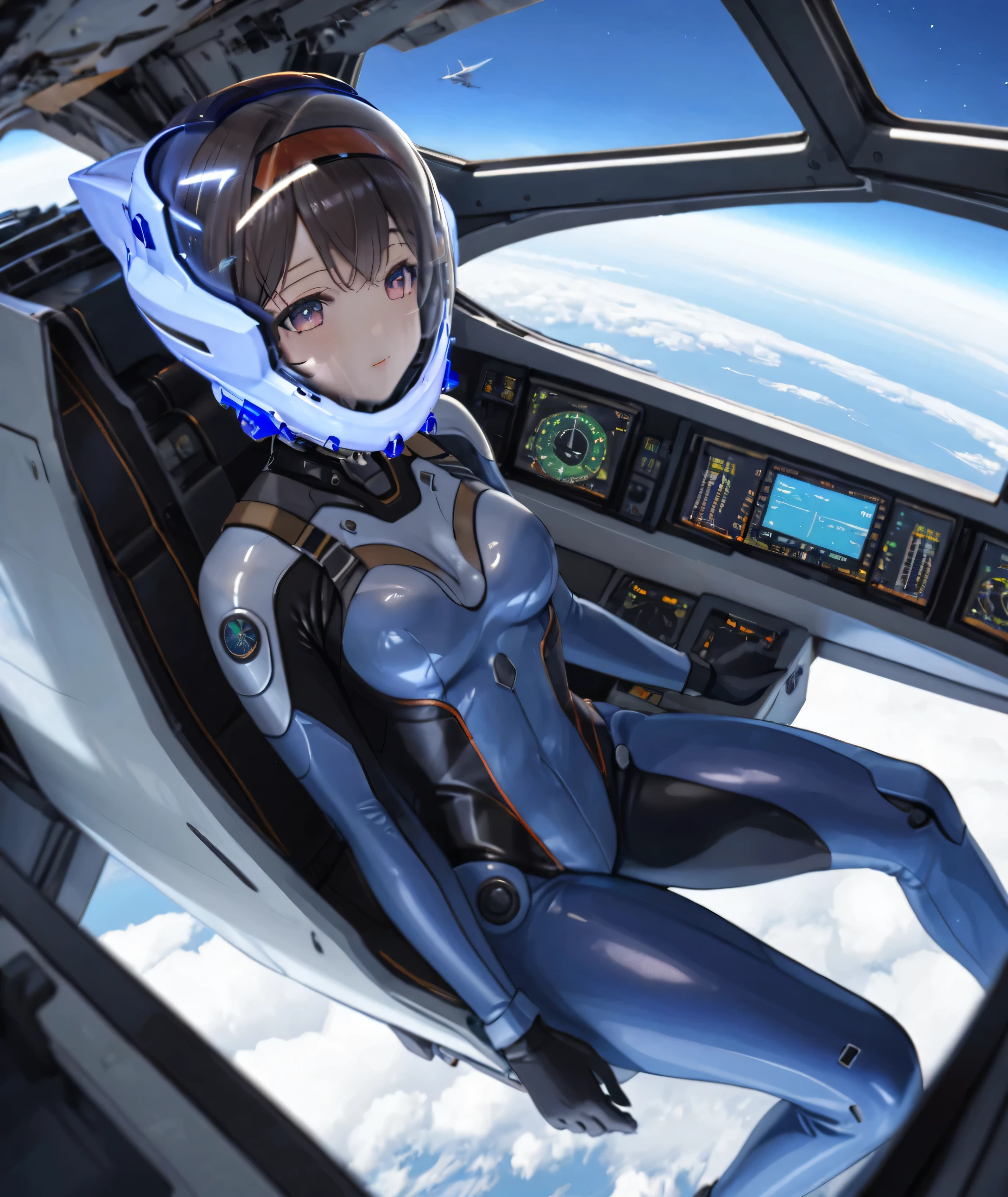 ((Holographic glow effect)),((Female pilot in the cockpit of a reconnaissance plane), (airplane cockpit), (in flight), (10000 feet altitude)、(sky view):1.7), A Japanese woman,Small face,short hair, BLACK hair, eyeliner, girl, nside the (cockpit:1.9) of a (futuristic spaceship:1.6), sitting on a chair, covered navel, blue space helmet,  blue space helm, blue plug suit , bule space helmet, blue eva helm, bule space suit, short hair, FROM SIDE