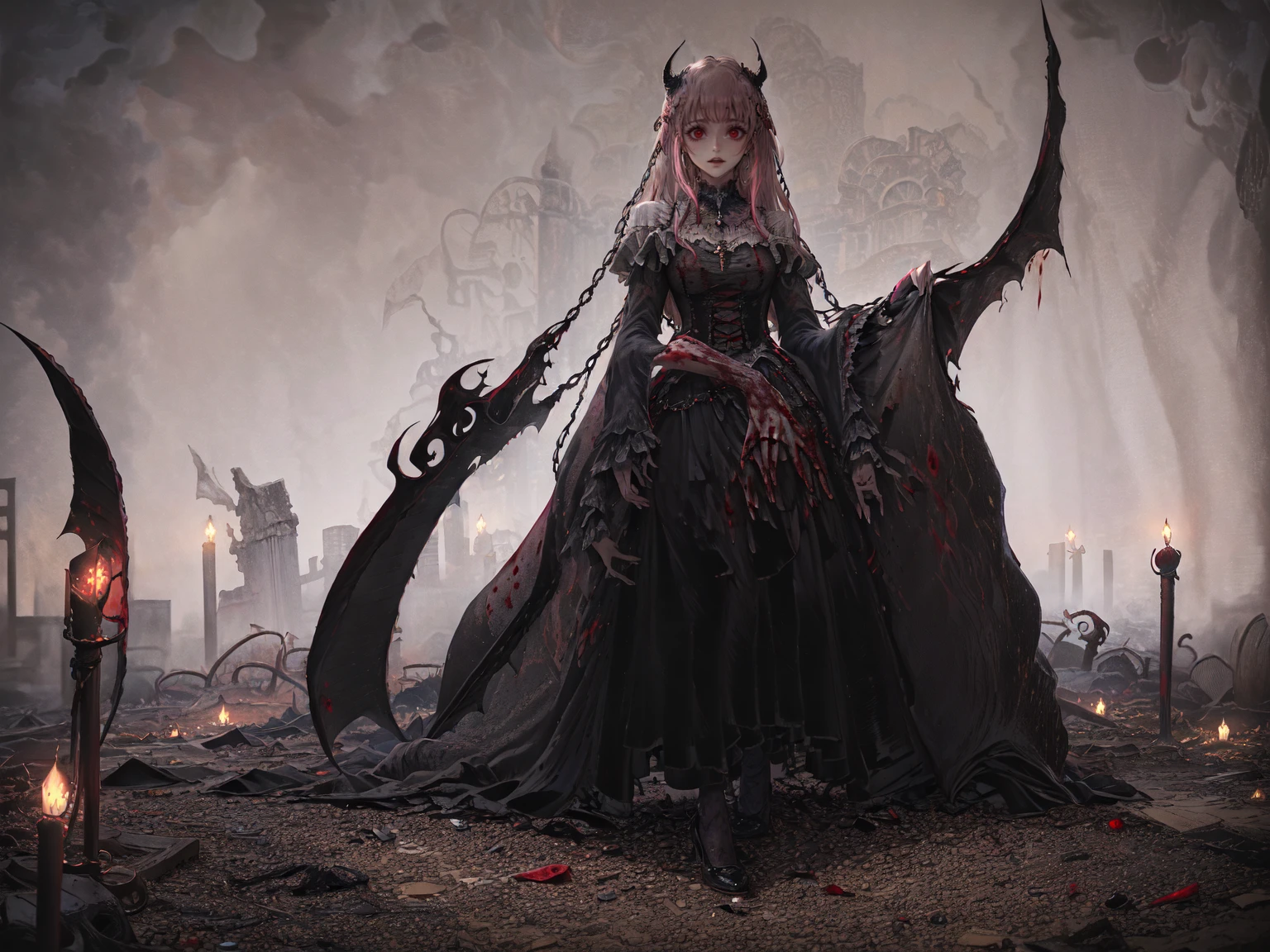 shaded face　、Holding a weapon、Looking at the viewers with a frightening expression、beautiful girl、とてもcute天使、Pink Gothic Fashion、cute、、smile、Long skirt、Black long boots、.(Highest quality,4K,High resolution,masterpiece:1.2),Very detailed,Realistic:1.37,Spooky altar background,Dark fantasy,Red color scheme,Ominous atmosphere,Eye-catching,Storytelling,anatomy,Anime Style,Concept Art,beautiful細部までこだわった顔と (((Red eyes ))),A terrifying ritual ,Satanic Ritual,Premature death,inappropriate behavior,クレイジーなsmile,Scythe Face,Girl Monster, beautiful, Delicate facial features, Sharp Eye, Sharp Fangs, pale skin, Dark Background, Cinema Lighting, Dramatic Shadows, Gothic style, Gloomy atmosphere, Dark fantasy, one person&#39;s, Please open your mouth wide, Open your mouth and baring your teeth,Sharp teeth like a beast, Wide lips, very wide mouth, Vermilion cheeks, ,(Blood splatter:1.4),Scary smile, smile,Angel Design, Twisted smile、Bloody、bleeding from the head,,,,,、Blood splatter、,(Blood splatter:1.4),skull,Demon Spear,Horror Style, ((Fantasy Sweet Ta Frill Pink Costume)), ((Flowing blonde hair)), ,(Blood splatter:1.4),Female curves, Sexy flat stomach, Perfect hands, Perfect anime face, (Pink Tata Dress)), Are standing, ((邪悪なsmile)), ,(Blood splatter:1.4), Steam circulates, Moonlight Illumination, night lighting, (Blood splatter:1.6),アニメAngel Design, Twisted smile、Bloody、bleeding from the head,,,,,、Blood splatter、,(Blood splatter:1.4), skull,Gothic architecture、Western architecture、Fantasy World、,Victorian cities, Skeleton Gas Light,Absurd, High resolution、 ((Tabletop)), ((Highest quality)), (Very detailedな), ((Very detailed)), (beautiful), ((cute)), (NFSW:1.8), alone,(:1.6)、(world&#39;The most terrifying and creepy demon girl:1.5)beautiful face、Whole Body Ezbian、pale, beautiful肌、beautiful金の髪、優しくsmileむ、Dark building ruins、(snow white&#39;Frill dress:1.3)、(The dark ruins are stained with blood:1.3)、Low angle full body shot、(少女は血の海の中にAre standing:1.5)、(The ground is full of blood:1.3)、(The girl lost a lot of blood....:1.3)、(クレイジーなsmile:1.6)、Spirits、(Blood dripping from the mouth:1.3)、
