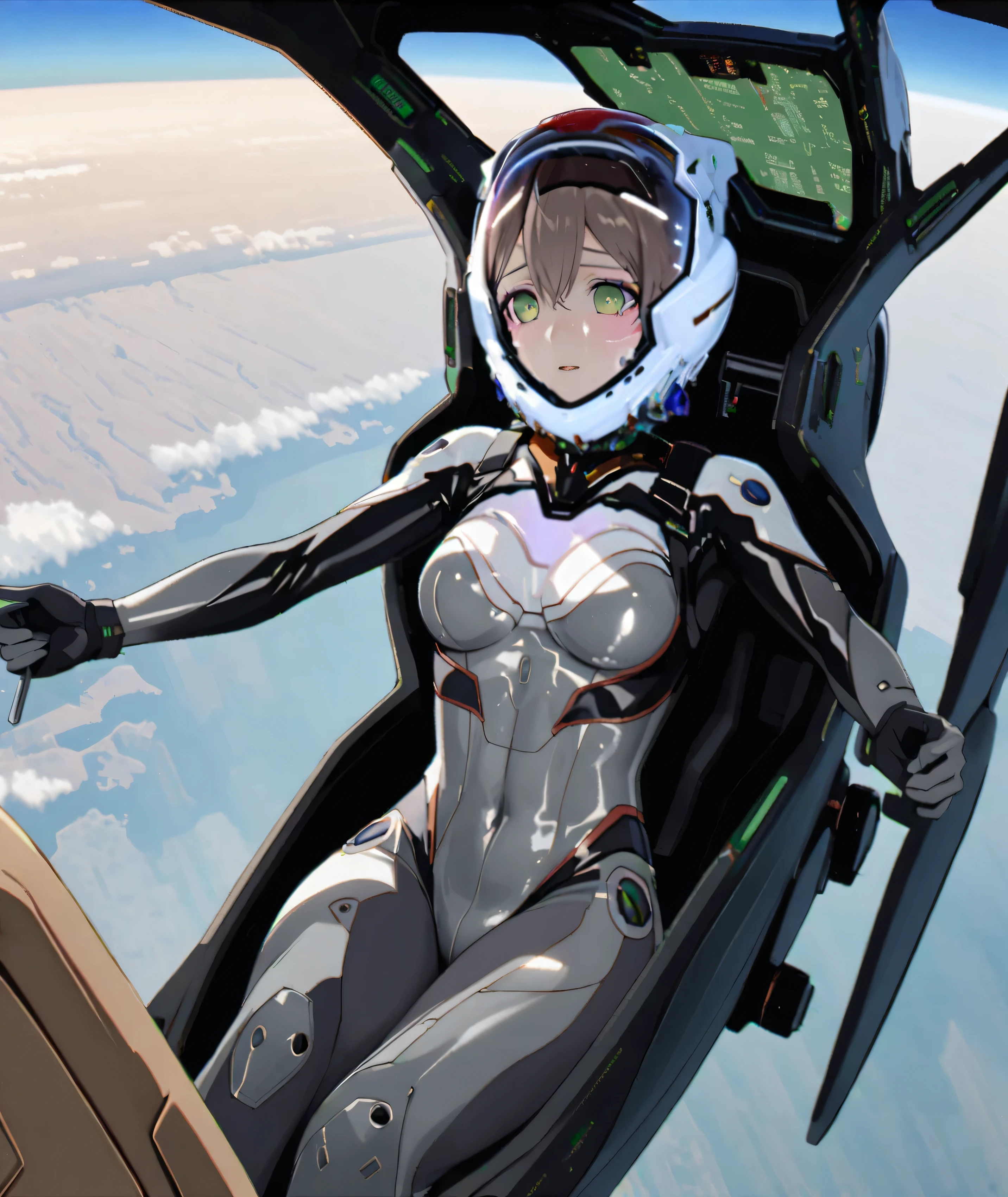 ((Holographic glow effect)),((Female pilot in the cockpit of a reconnaissance plane), (airplane cockpit), (in flight), (10000 feet altitude)、(sky view):1.7), A Japanese woman,Small face,short hair, BLACK hair, eyeliner, girl, nside the (cockpit:1.9) of a (futuristic spaceship:1.6), sitting on a chair, covered navel, blue space helmet,  blue space helm, blue plug suit , bule space helmet, blue eva helm, bule space suit, short hair, FROM SIDE