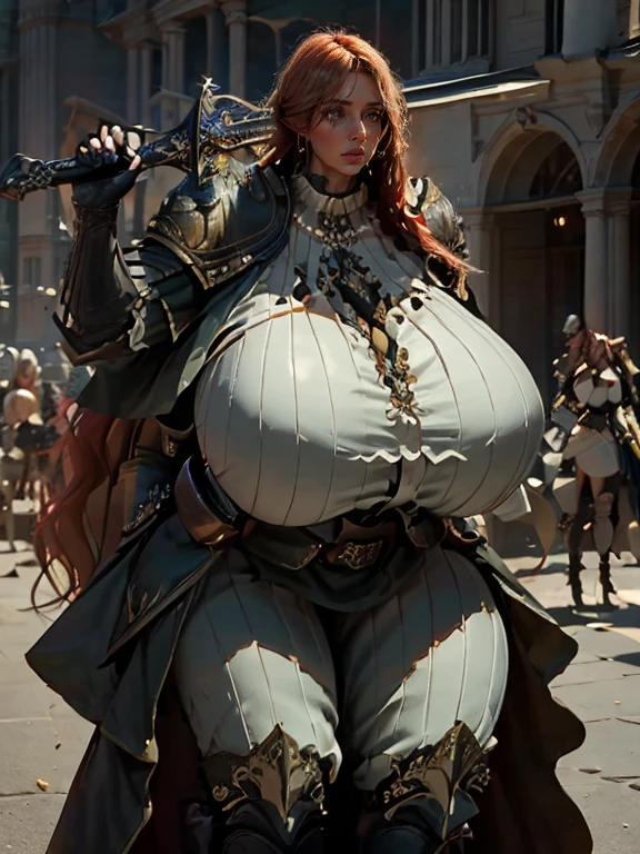 amazone, long red hair, huge breasts, holding a two hand sword, detailed facial features, beautiful detailed eyes, beautiful detailed lips, extremely detailed face, longeyelashes, powerful, muscular, heroic pose, medieval fantasy, dramatic lighting, cinematic, moody, dark, dramatic, chiaroscuro, vibrant colors, digital painting, photorealistic, 8k, high quality, masterpiece