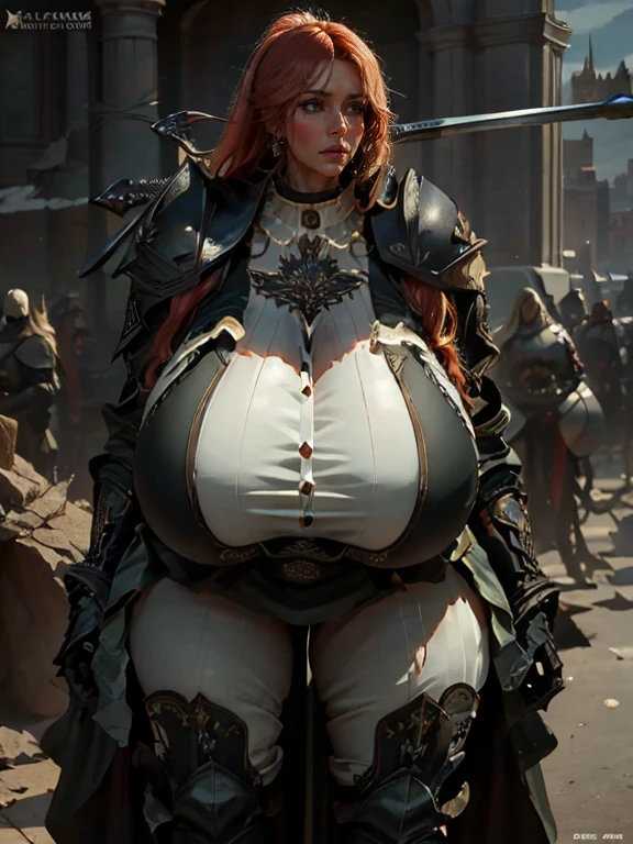 amazone, long red hair, huge breasts, holding a two hand sword, detailed facial features, beautiful detailed eyes, beautiful detailed lips, extremely detailed face, longeyelashes, powerful, muscular, heroic pose, medieval fantasy, dramatic lighting, cinematic, moody, dark, dramatic, chiaroscuro, vibrant colors, digital painting, photorealistic, 8k, high quality, masterpiece