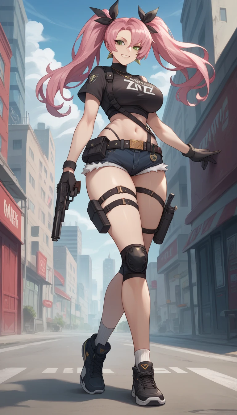 ultra-detailed, 1girl, nicole_demara, Zenless Zone Zero, (best quality), ((masterpiece)), (highres), 16K, green eyes, perfect face, long hair, pink hair, twintails, hair ribbon, wearing black shirt, wearing bootyshorts, black thong, thigh straps, knee pads, holster, black gloves, belt, sports shoes, busty body, large breasts and a beautiful ass, showcasing cleavage, legs, hips, gun, holding gun, looking at viewer, smile, detailed full body, thigh details, city background