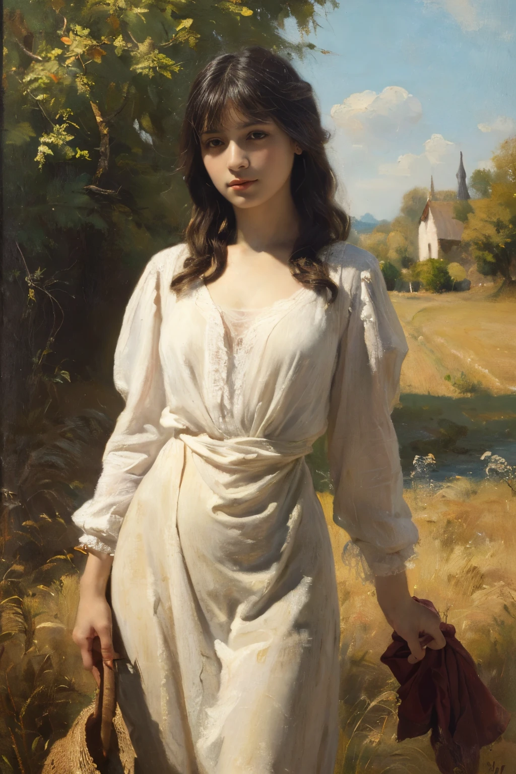alone in the universe, Paint in watercolor style, Photorealism, discreet golden and ruby and mint shades, (nude) a gentle, modest thin girl of 16 years old with a very beautiful, exquisite face of the southern type with tender nipples walks barefoot in the distance (around the southern town) early morning (along the houses) in a long old beige skirt, (in profile)