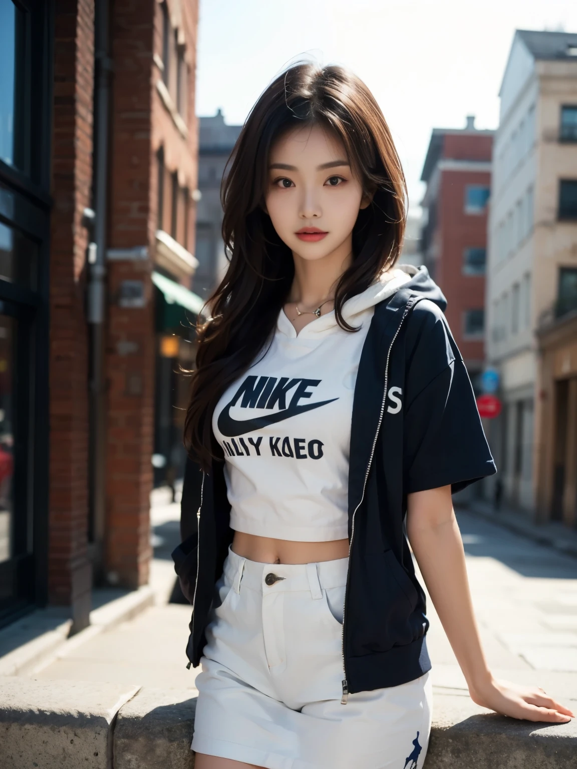 misakiai, tiny breasts, (K-pop style woman), (Realistic image), Korean beauty, long wavy black hair, back wall made of bricks, wearing a black windproof parka with the hood up, black Nike Jordan short sleeve hoodie underneath, navy blue mini skirt, white sneakers, 1 girl, slightly open mouth, (best quality: 1.4), (ultra-detailed: 1.3), photorealistic skin texture, cinematic lighting, stylish and modern streetwear look, soft lighting highlighting her hair and facial features, relaxed and confident pose, urban setting, ultra-realistic, high-resolution, capturing the perfect balance between elegance and casual street style, soft shadows and detailed textures, perfect blend of fashion and realism, full-body shot