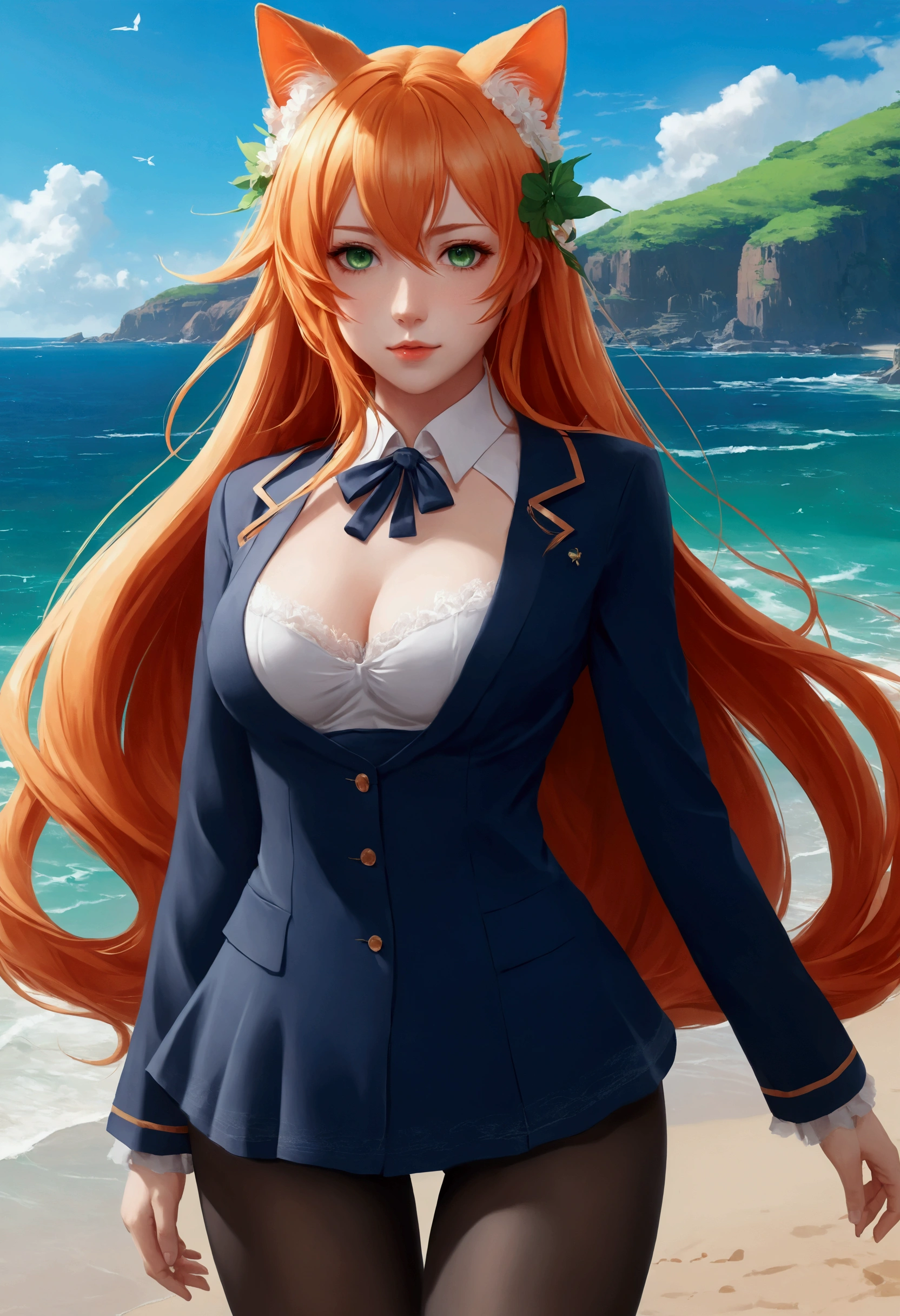 anime girl with long orange hair standing on beach near ocean, green eyes detailed digital anime art, cat ears, , anime girl with long hair, smooth anime cg art, anime girl with long hair, average breast size, digital anime art, artwork in the style of guweiz, beautiful anime portrait, photorealistic anime girl render, beautiful anime girl, advanced digital anime art, pantyhose, guweiz on artstation pixiv upscale HD UHD HQ
