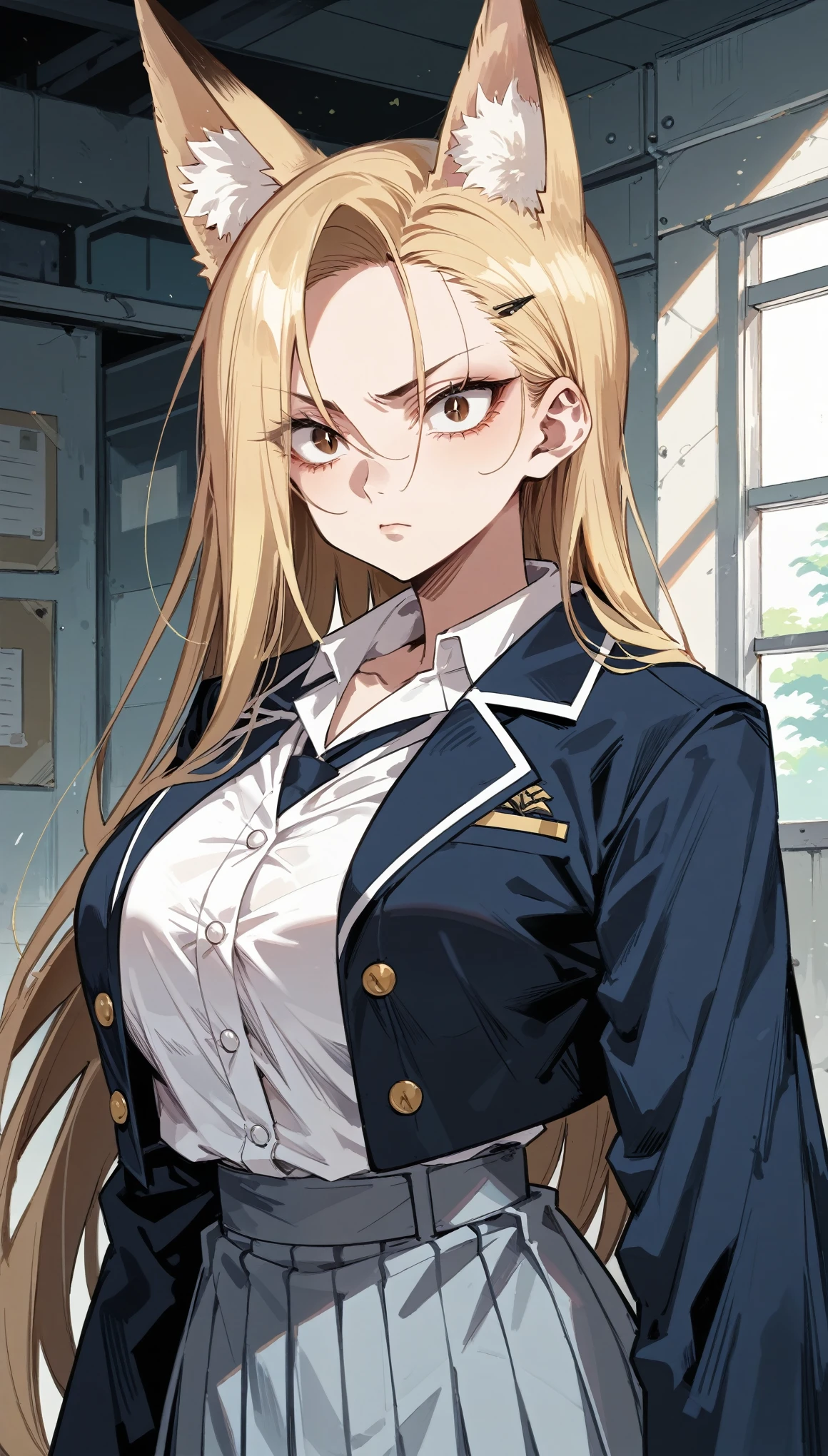 Cold Stare,(hi-quality,high resolution),((Fox Ears)),(((forehead,asymmetrical hair))),(((very turime,very long slit eyes))),(school uniform),((oblong face,squared face)),((huge breasts)),(((very narrow eyes))),((Clear Eyes,Perfect Eyes,brown eyes)),((clear lines)),Blonde,Long Hair,Old room,Delinquent Girl,gal, clothes are exposed,((anime)),((cowboy shot)),from front