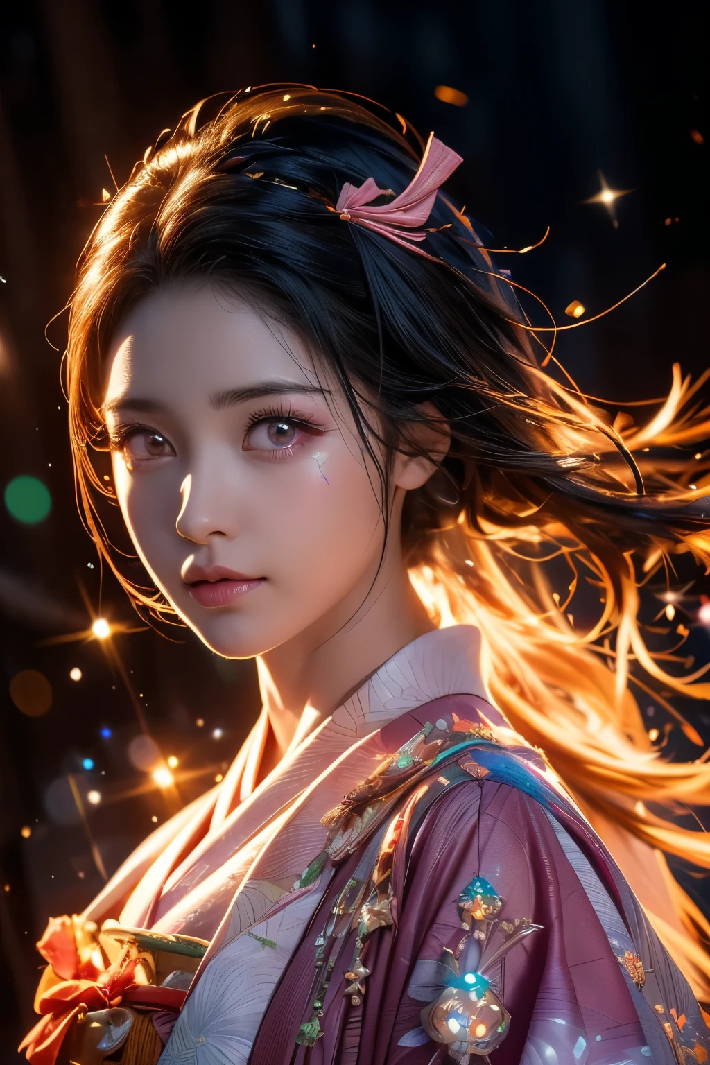 realistic nezuko kamado, demon slayer, 1girl, beautiful detailed eyes, beautiful detailed lips, extremely detailed face, long eyelashes, ornate japanese dress, kimono, sakura petals, intricate details, photorealistic, 8k, high quality, masterpiece, professional 3d render, volumetric lighting, glossy skin, photorealistic skin, hyper realistic, ultra detailed, sharp focus, portrait, bling bling, iridescence, dramatic angle, space, (floating colorful sparkles:1.3), Dramatic Lighting, Chiaroscuro, Evocative Depth. 