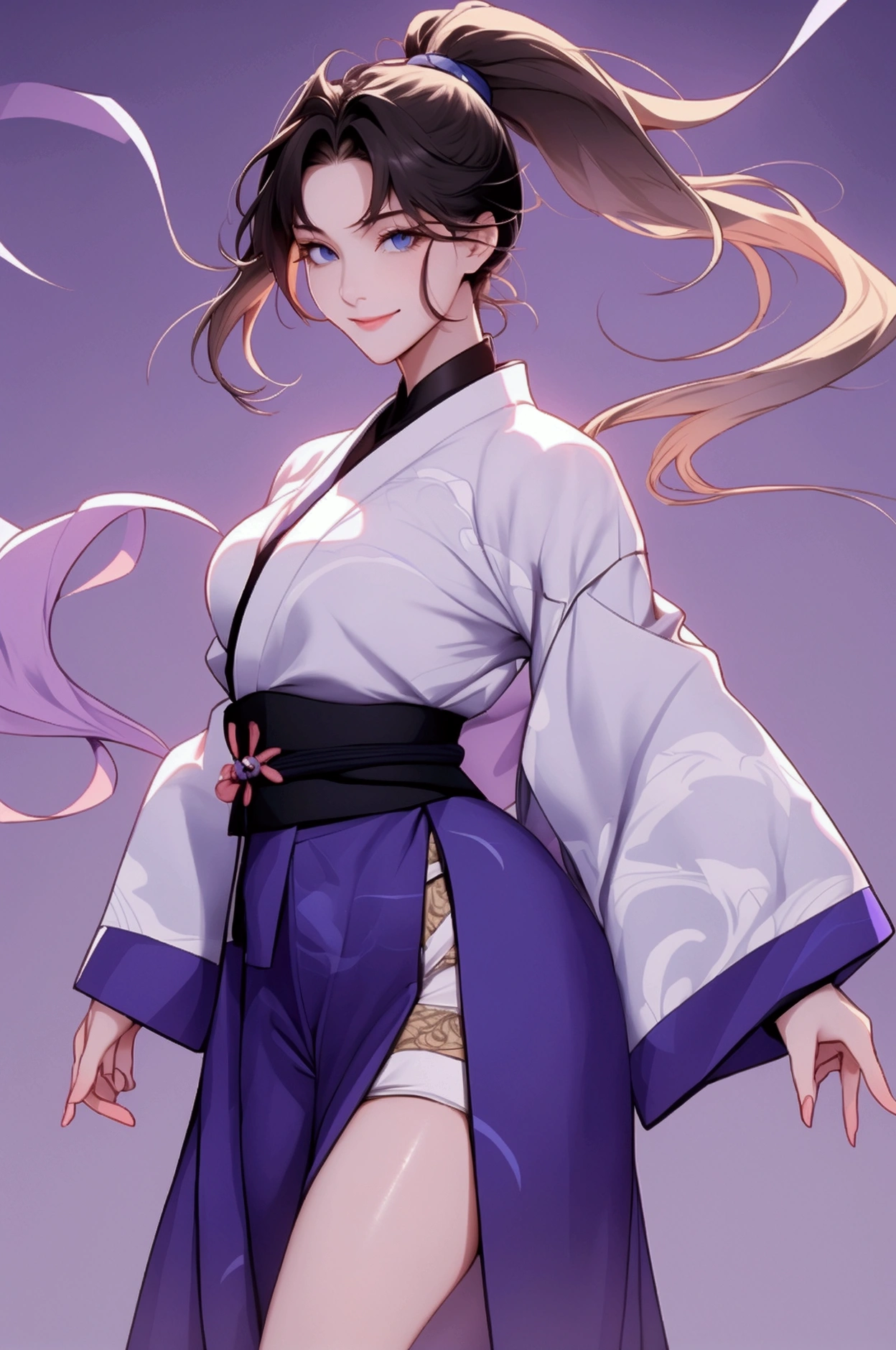 A woman with a ponytail, dark hair that resembles blonde in the light, blue eyes, smiling with strong calves, she wears a lilac karate kimono with a black collar, full body image