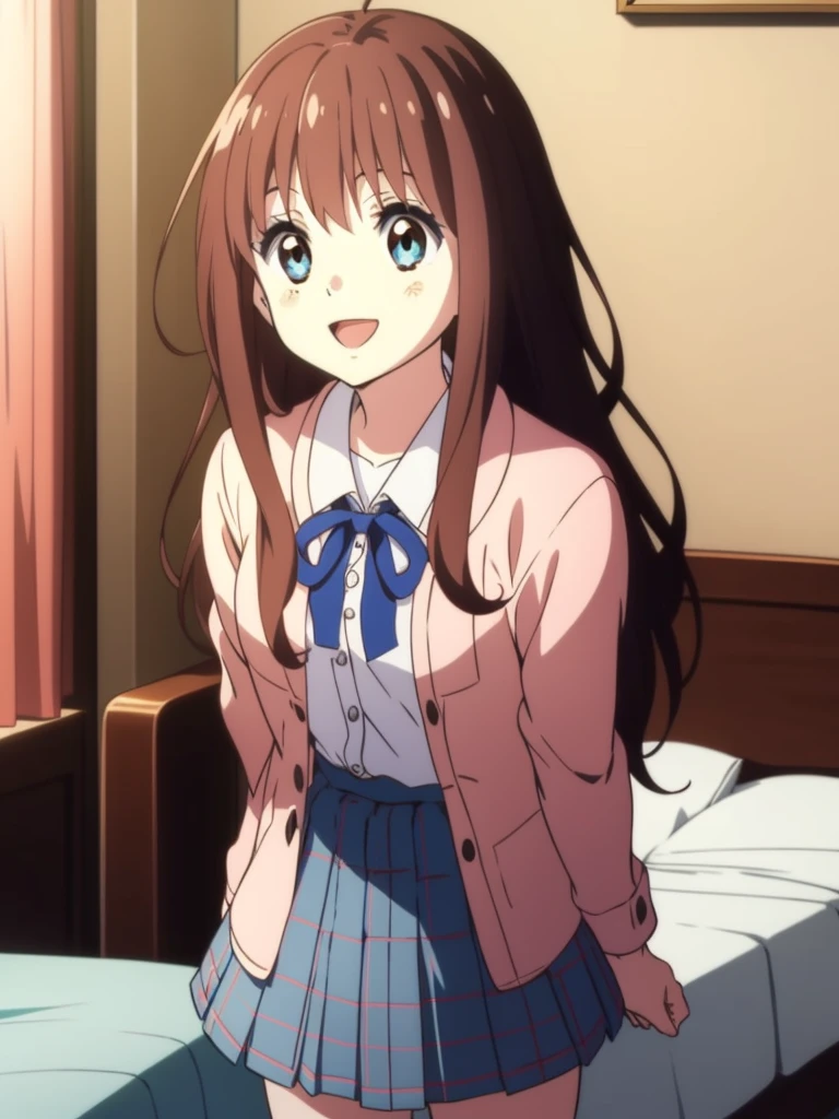 Ai shindou, 1girl, solo, long hair, floating hair, white skirt, brown hair,  whkte school uniform, blue sea eyes, plaid, open mouth, smile, plaid skirt, ribbon, cowboy Shot,
home in the room,
masterpiece, high quality, very_high_resolution, large_filesize, full color,