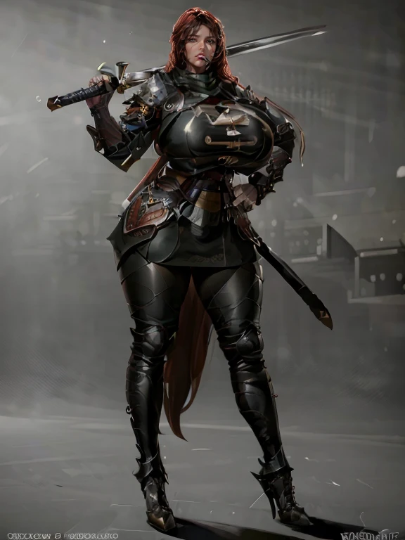 robot girl with a mechanical body, big knockers, yellow bright eyes, and a white bob haircut covered by a black gas mask. She is standing solo, full body, with hands on hips, feet together, viewed from below. Features a leather choker, big belt, bracers, and a tiara.