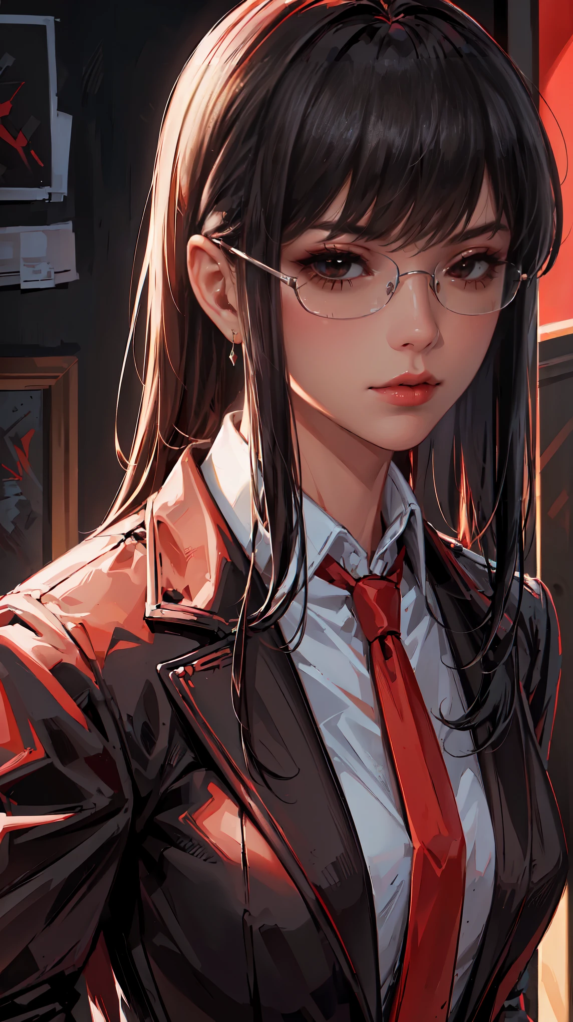 (Masterpiece, Best Quality, Ultra High Resolution) - Portrait format. Close-up . - Fancy woman, with red detailed eyes, in business suit with red tie and white shirt, dark half-rimmed aviator glasses, - The character is half-turned , looking sideways into the distance.