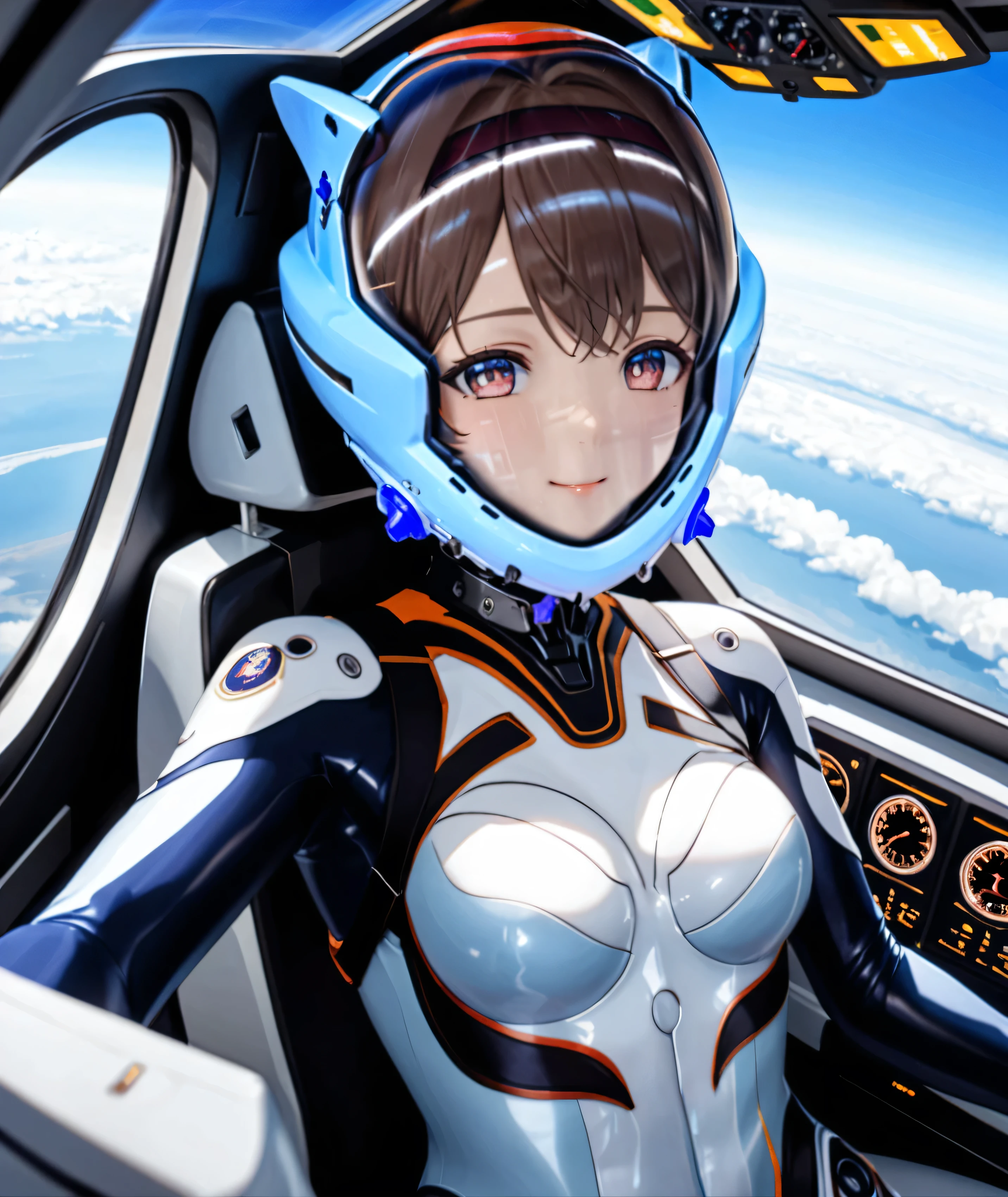 ((Holographic glow effect)),((Female pilot in the cockpit of a reconnaissance plane), (airplane cockpit), (in flight), (10000 feet altitude)、(sky view):1.7), A Japanese woman,Small face,short hair, BLACK hair,girl, nside the (cockpit:1.9) of a (futuristic spaceship:1.6), covered navel, blue space helmet, blue space helm, blue plug suit , bule space helmet, blue eva helm, bule space suit, short hair, FROM SIDE,Serious expression,Elbow-length gloves,smile,Small breasts,Narrow waist