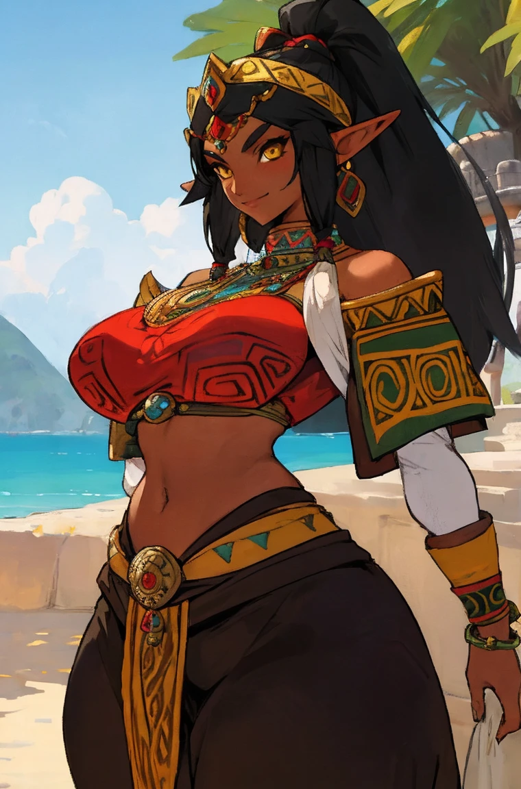 1girl athletic gerudo, elf ears, yellow eyes, black hair, (dark skin:0.7), (detailed face:1.1), portrait princess, very wide hips, smile, huge breasts, aztec style outfit, long pants outdoors, masterwork, best quality, highly detailed