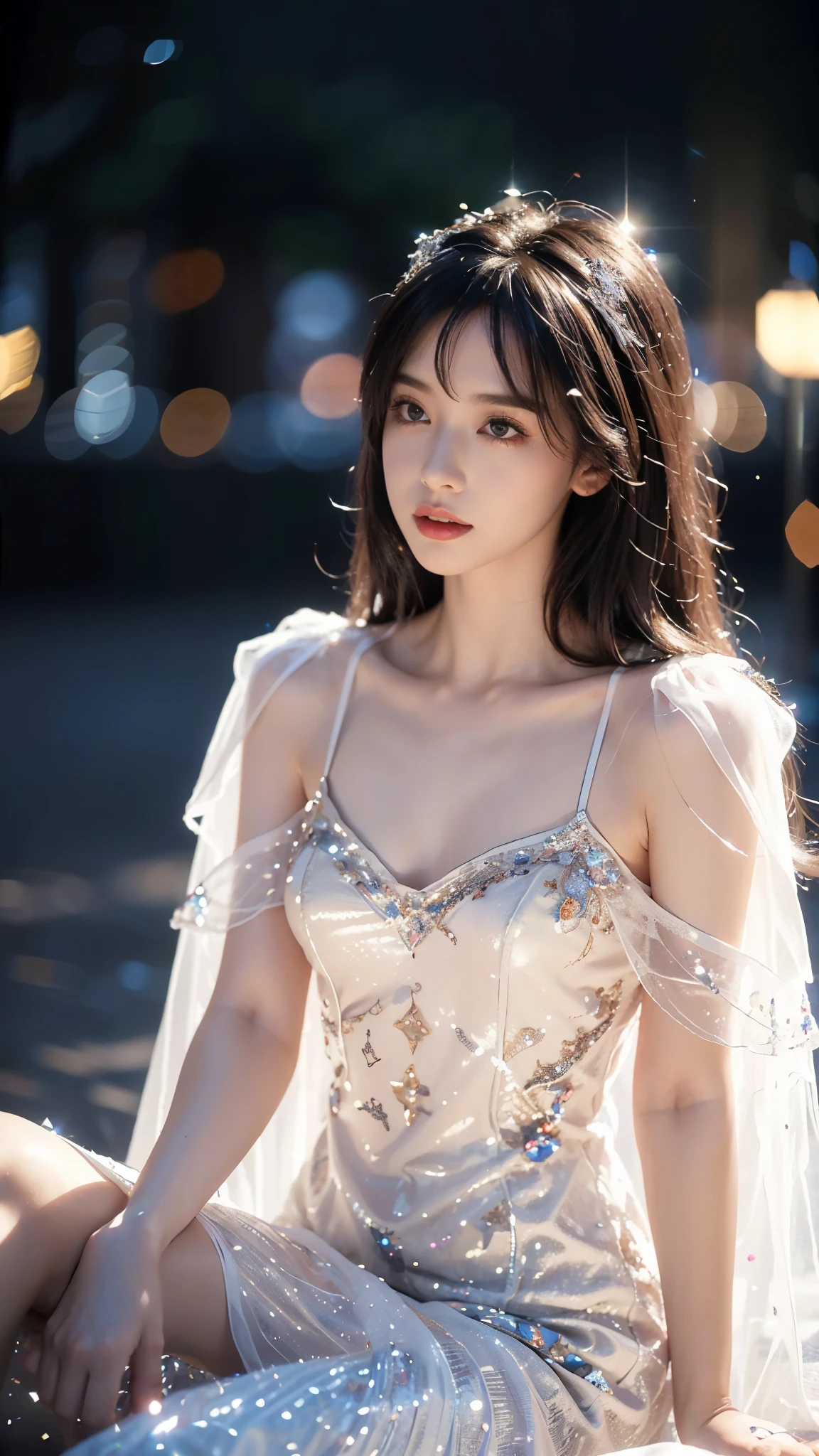 Highly detailed CG Unity 8k wallpaper..., Highest quality, มีvery detailed, Masterpiece, realistic, photorealistic, very detailed, lovely young woman, (25 years old), Blush, weather, Half shot, white wedding dress, Stand and admire the night scenery.