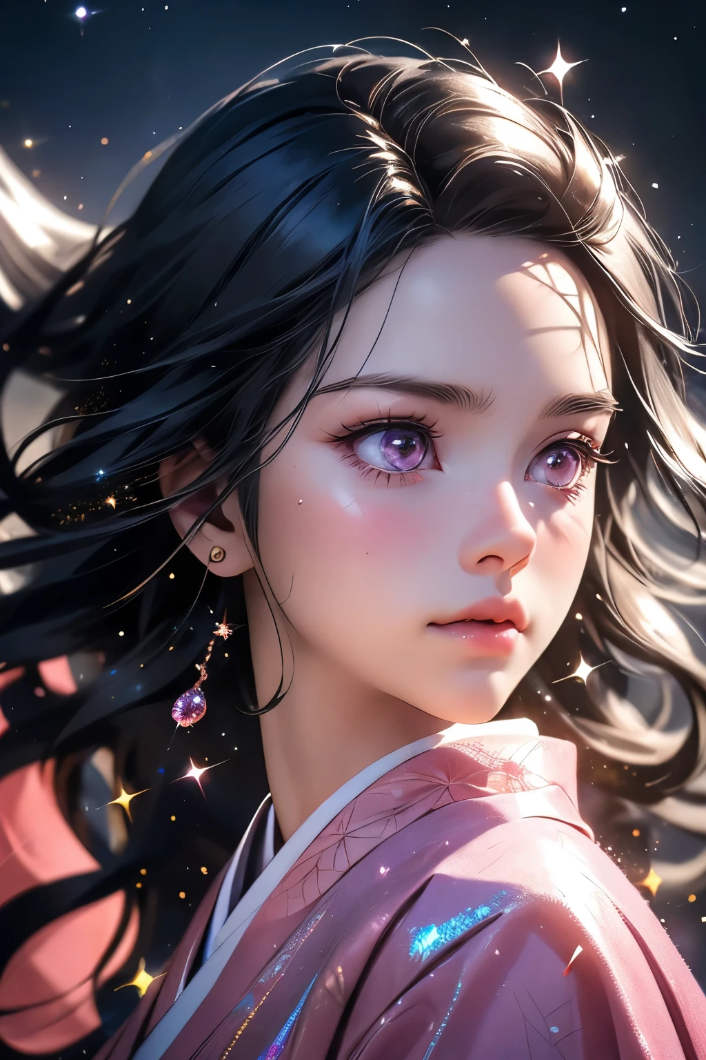 realistic nezuko kamado, demon slayer, 1girl, long hair, beautiful detailed pink sparkly eyes, beautiful detailed lips, extremely detailed face, long eyelashes, pink haori, intricate details, photorealistic, 8k, high quality, masterpiece, professional 3d render, volumetric lighting, glossy skin, photorealistic skin, hyper realistic, ultra detailed, sharp focus, portrait, iridescence, dramatic angle, space, (floating colorful sparkles:1.3), Dramatic Lighting, Chiaroscuro, Evocative Depth. 