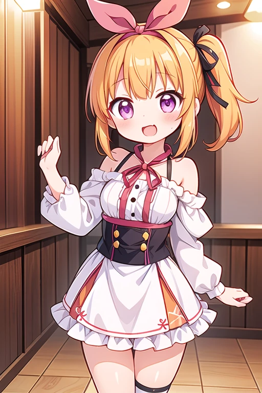 ((masterpiece))((Highest quality))girl、Laughing with your mouth open、blush、Flat Chest、Are thin、Blonde Hair、blush、Are standing、Whole body image、No background、Hair is two colors、Twin tails、Red Eyes、Two-tone red and yellow hair、Angle from the side、profile