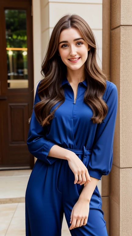 image of a girl in dubai master part, Altas, captura de tela, best quality, 1girl, (cicatriz no olho esquerdo), jaqueta cropped branca, altamente detalhado, rule of thirds, jewelries, real focused eyes, full fit body wearing blue dress, smiling face