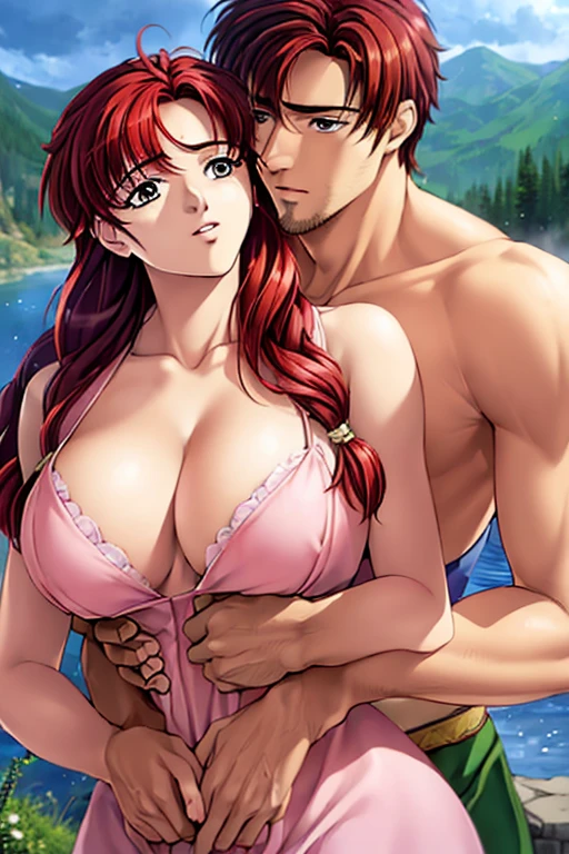 (masterpiece:1.4), (best qualit:1.4), (high resolution:1.4), Anna of arendelle and muscular man, couple, breasts exposed, man's hands grabbing Anna's breasts from behind, hugging, romance novel cover romantic, lake, huge breasts, cleavage, forest, castle in background、Big Breasts、topless、Twin roll hair red