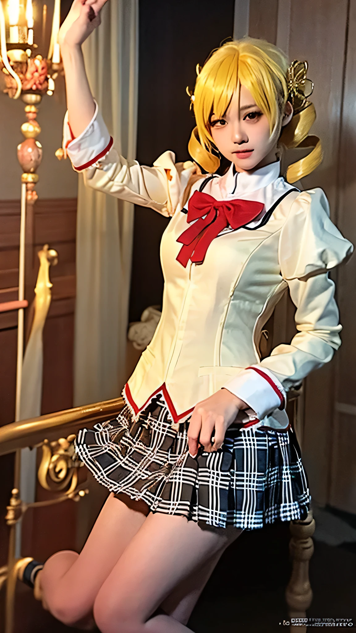 Realistic, 1 girl,Tomoe Mami, mitakihara school uniform,blonde hair, twin drills, Hair Ornament, Seductive pose, high quality, Very detailed, 8k, Masterpiece Cinema Lighting, Dramatic Shadows, Vibrant colors, Realistic, Intricate details, elegant, Seducing with a twist of her hips