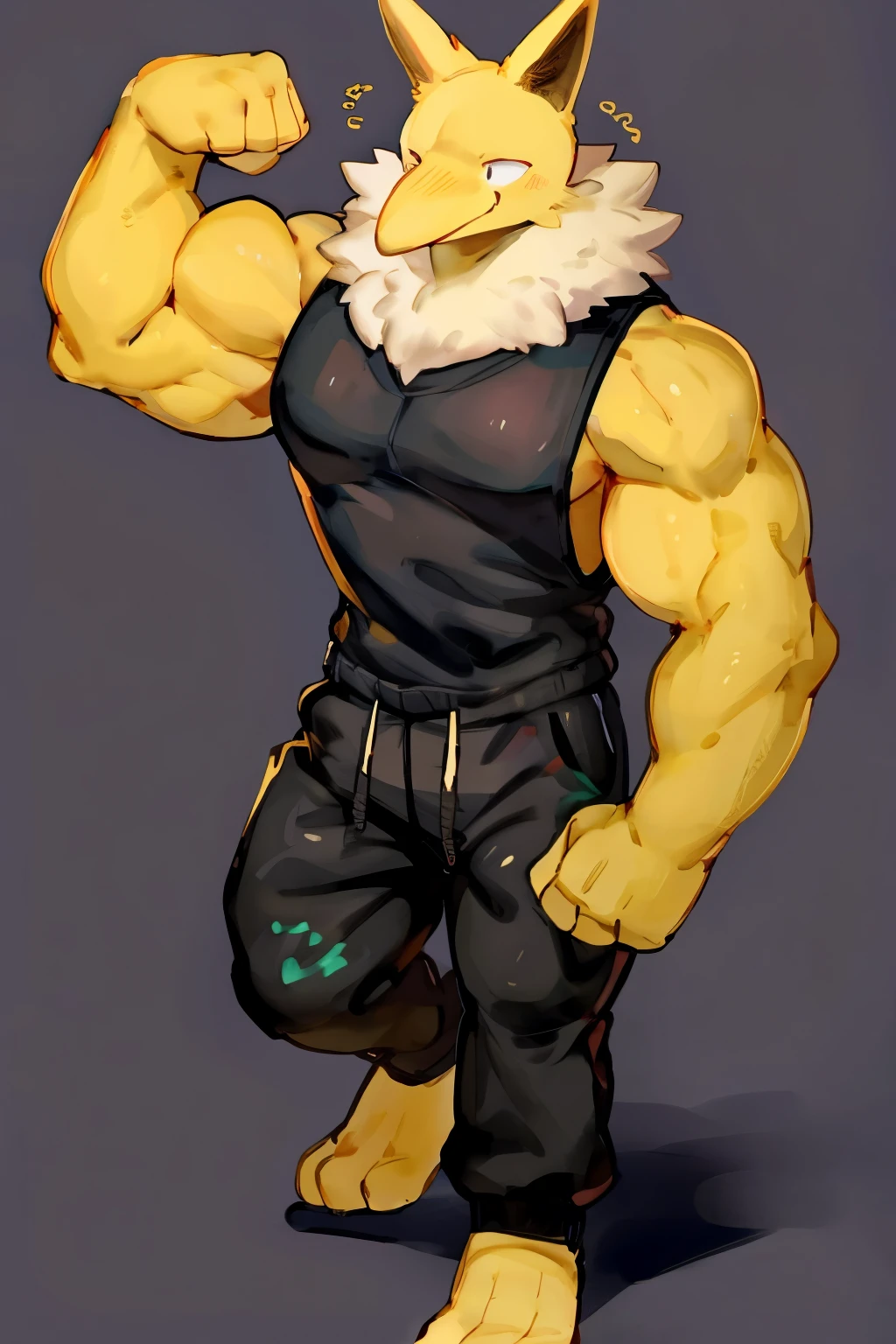 Furry, Anthro, solo, Hypno, Male, (((muscular body, massive male pectorals, yellow skin, fluffy neck, wearing white fur around neck))), ((((massive biceps, wide-eyed, head tilted, walking)))), ((((((massive bulky torso, flexing, happy, wearing black full male tanktop, wearing black sweatpants, barefoot)))))), full body, black/yellow spraypainted background, by buta99, by zackary911, by bebebebebe, (((digital painting)))