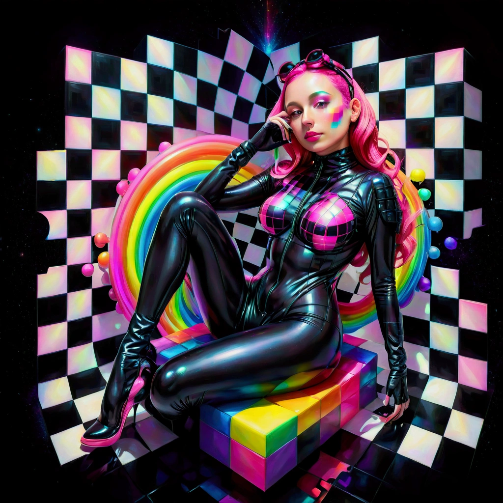 a close up of a woman in a lit up neon pink and black latex suit sitting on a 3D rainbow checkered floor, psychedelic organic cyborg, glitchpunk girl, hyper color digital art, inspired by Okuda Gensō, cyber universe style, neon digital art, 3 d neon art of a womens body, 