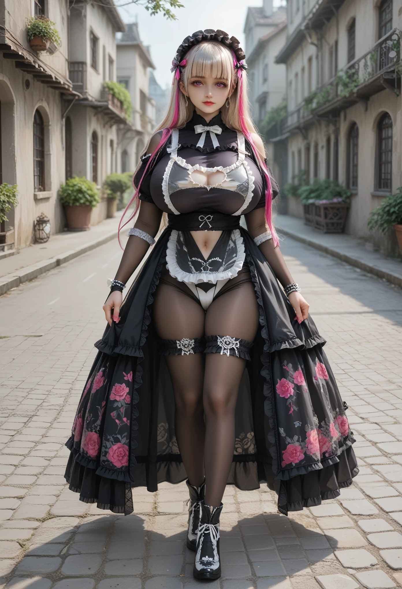 Score_PnyReal,BREAK,1girl, solo,(huge breasts,large breasts:1.2),et_bas3, black_gloves, ((full bodysuit)), elbow_gloves, floral_print, ruffled clothes, funeral_veil, goth_fashion, hair_ornament, high_heel_boots, maid headdress, navel cutout, see-through_apron, shoulder cutout, showgirl skirt slingshot dress, thigh strap, multicolored_hair,, outdoors,ripples,scenery,distant village,light rays,dark theme,happy, looking at viewer, standing, pink clothes,  clothes in pink tones, (zPDXL2:1.5), 