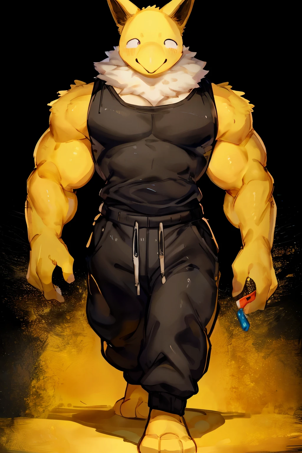 Furry, Anthro, solo, Hypno, Male, (((muscular body, massive male pectorals, yellow skin, fluffy neck, wearing white fur around neck))), ((((massive biceps, wide-eyed, head tilted, walking)))), ((((((massive bulky torso, happy, wearing black full male tanktop, wearing black sweatpants, barefoot)))))), full body, black/yellow spraypainted background, by buta99, by zackary911, by bebebebebe, (((digital painting)))