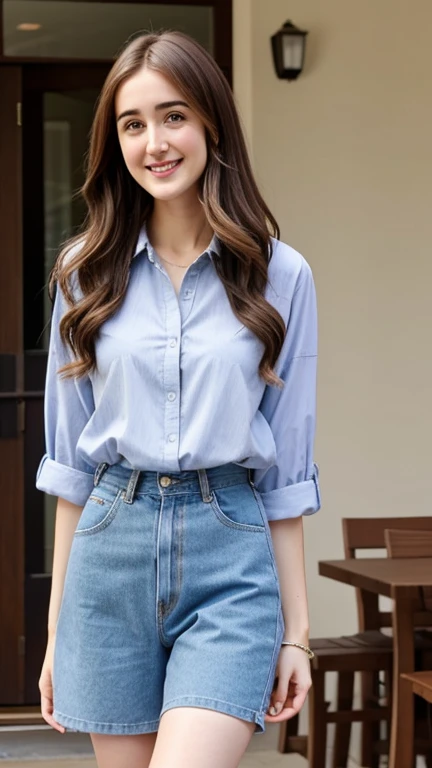(((Full body image of a woman))), Instagram Model . Full body portrait of a fashion model, Glamour, Long black wavy hair, (((Bright Blue Eyes))), Mischievous Smile, Very detailed顔, Very fine grain. Large chest. ((Low rise jeans that fit snugly against the skin)),((White cotton shirt, unbuttoned to show chestの谷間)), Mid height heels, ((Handbags)). shopping, chest, chestの谷間, 8k, high quality, masterpiece, 最high quality, High resolution, Very detailed, Volumetric lighting, Realistic