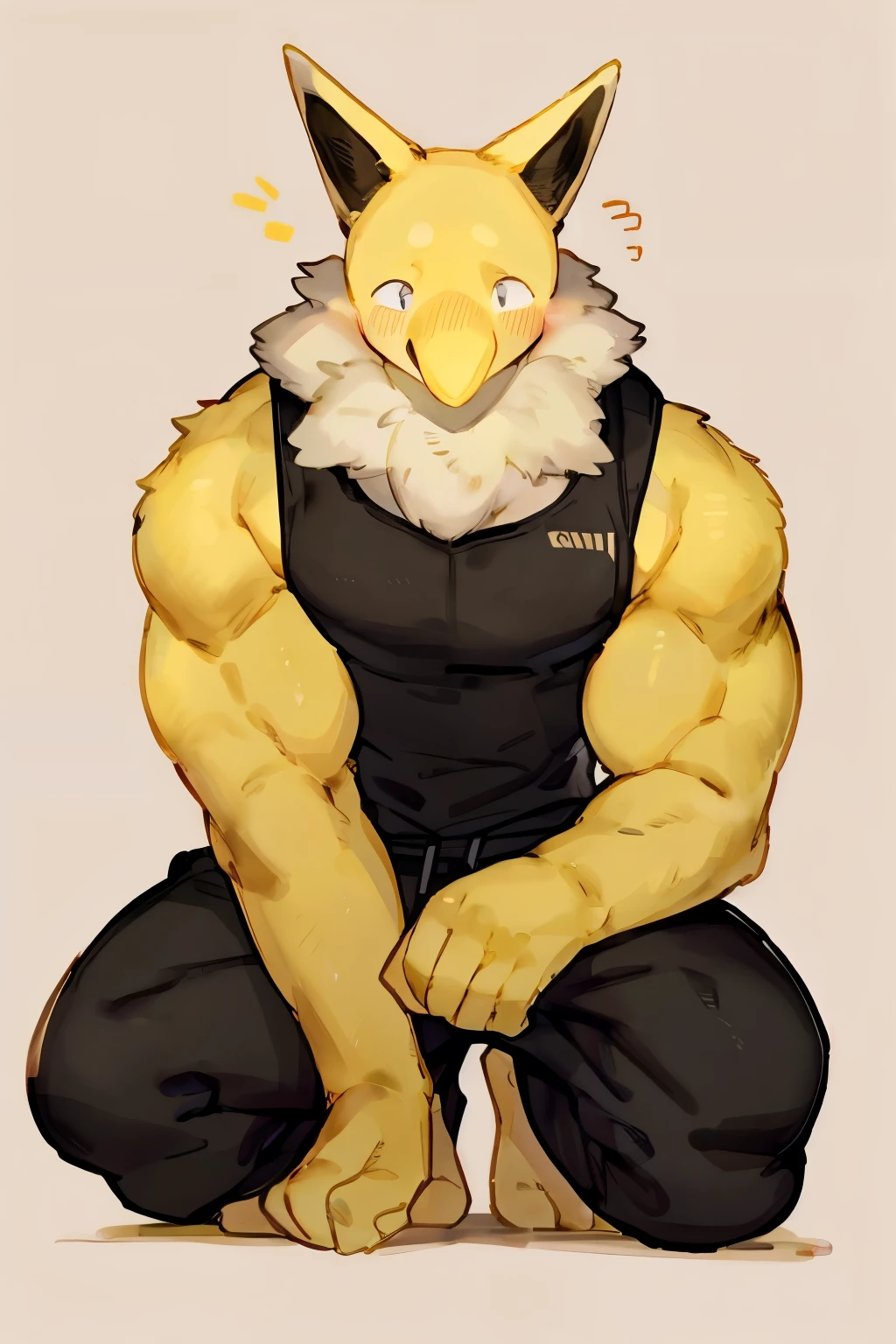 Furry, Anthro, solo, Hypno, Male, (((muscular body, massive male pectorals, yellow skin, fluffy neck, wearing white fur around neck))), ((((massive biceps, wide-eyed, head tilted, crawling)))), ((((((massive bulky torso, happy, wearing black full male tanktop, wearing black sweatpants, barefoot)))))), full body, black/yellow spraypainted background, by buta99, by zackary911, by bebebebebe, (((digital painting)))