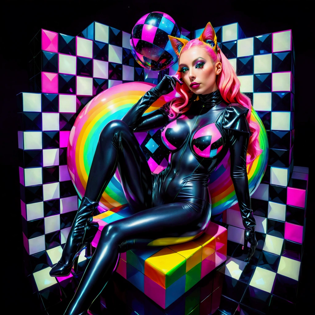 araffe in a black latex suit sitting on a colorful cube, inspired by David LaChapelle, glitchpunk girl, cyber universe style, cyberpunk glossy latex suit, alice in wonderland cyberpunk, futuristic glossy latex suit, bold rave outfit, in cyberpunk style, neon light and fantasy, doja cat, 8 0's airbrush aesthetic, cyber punk setting