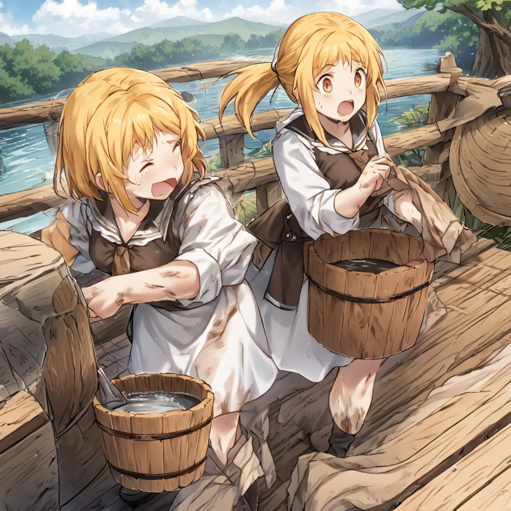 Create a set of illustrations set in a Western-style world, showing a beautiful blonde girl working as a washerwoman on a pier by the river. She is wearing a silk dress and is visibly sweating as she washes dirty clothes by hand in a wooden bucket.. The scene should capture the rustic, Everyday environment, with the girl focused on her task, emphasizing effort and determination in her expression while surrounded by nature,